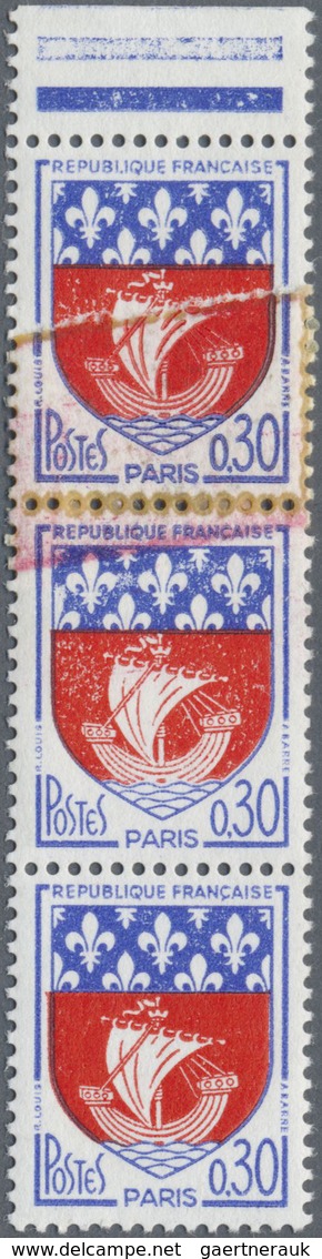 ** Frankreich: 1965, 0.30fr. Coat Of Arms "Paris", Vertical Top Marginal Strip Of Three, Both Upper Sta - Oblitérés