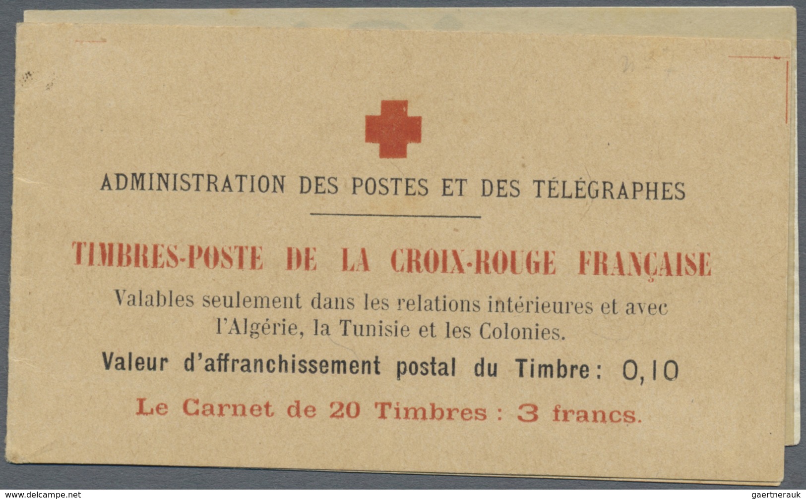 ** Frankreich - Markenheftchen: 1914, 3fr. Red Cross Booklet With 20 Stamps 10c. + 5c. Semeuse, Without - Autres & Non Classés