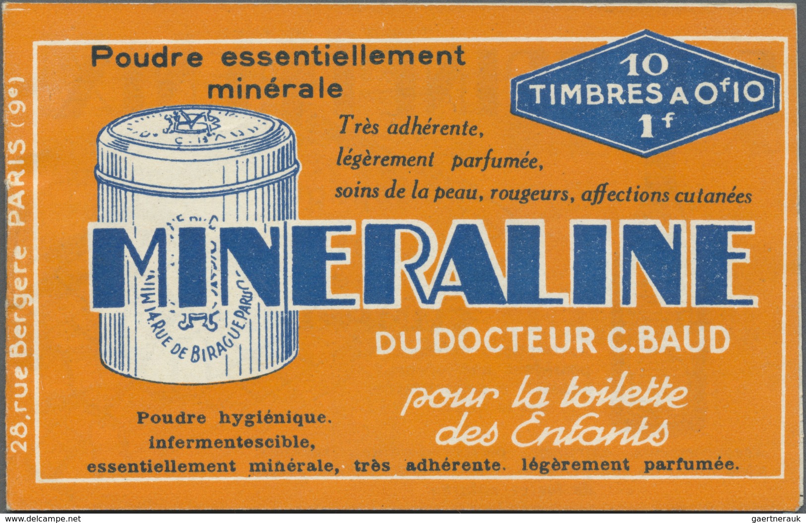 ** Frankreich - Markenheftchen: 1926. Complete Booklet "Minéraline". Pane With 10 Stamps Semeuse Chiffr - Andere & Zonder Classificatie