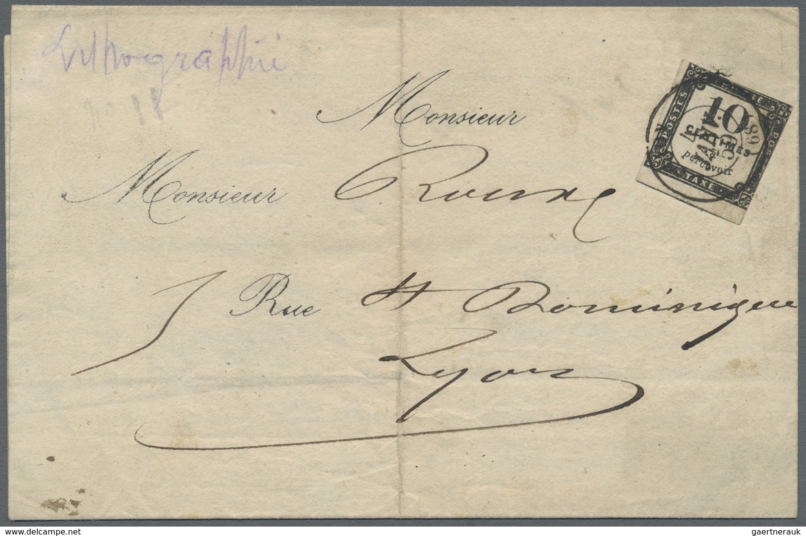 Br Frankreich - Portomarken: 1859, 10 C Black Single Franking Cancelled 4.JAN.1859 On Folded Local Lett - 1859-1959 Storia Postale