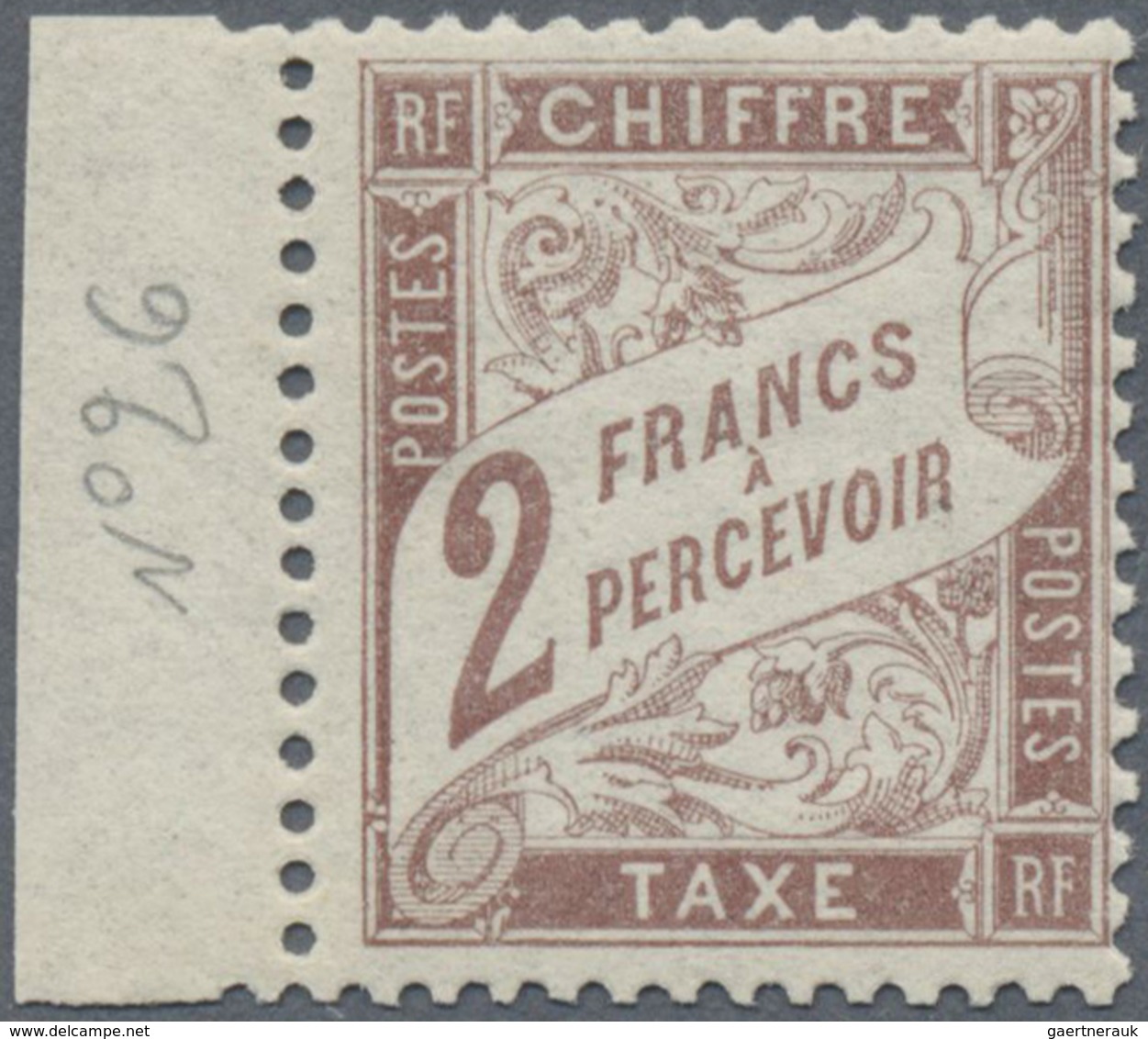 ** Frankreich - Portomarken: 1884, Postage Due Stamp 2 Fr Brown From Left Sheet Margin, Mint Never Hing - 1859-1959 Covers & Documents