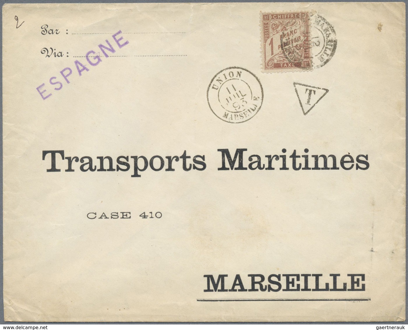 Br Frankreich - Portomarken: 1893, Postage Due, 1 Fr. Maroon, On Cover From Brasil Via Spain To Marseil - 1859-1959 Lettres & Documents