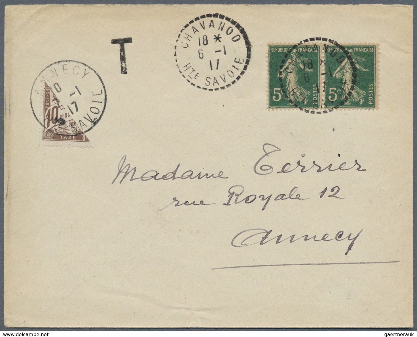 Br Frankreich - Portomarken: 1917 (6.1.), Underpaid Cover Bearing Horiz. Pair 5c Dark Green Used From C - 1859-1959 Briefe & Dokumente