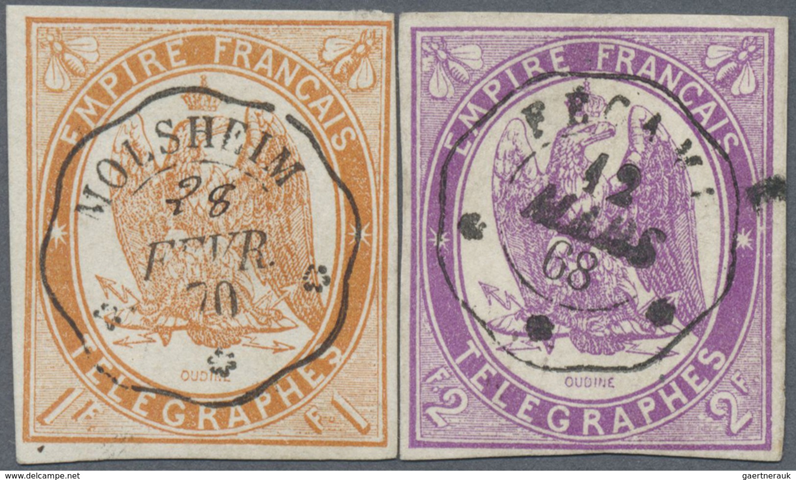 O Frankreich - Telegrafenmarken: 1868, 1 And 2 Fr., Each Neat Canceled And Having Full Margins Cut, Si - Télégraphes Et Téléphones