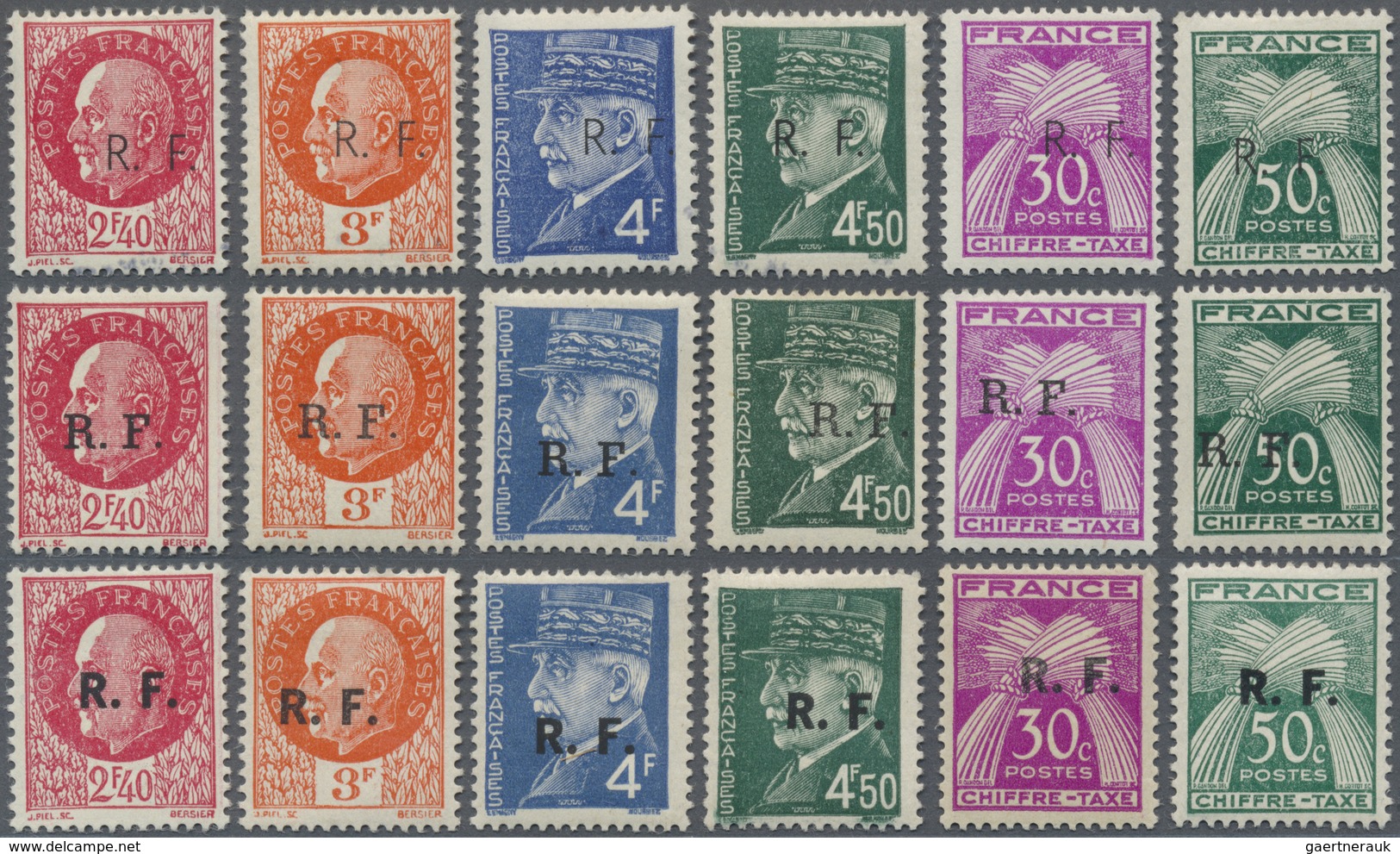 * Frankreich - Lokalausgaben: Bordeux (Gironde): 1944, Overprint R.F. On Pétain Stamps In All 3 Types - Autres & Non Classés