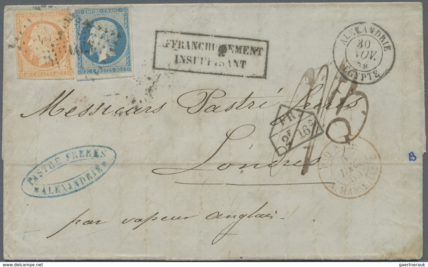 Br Französische Post In Ägypten - Alexandria: 1859, Napoleon Ohne Lorbeer 40 C Orange Und 20 C Blau (je - Autres & Non Classés