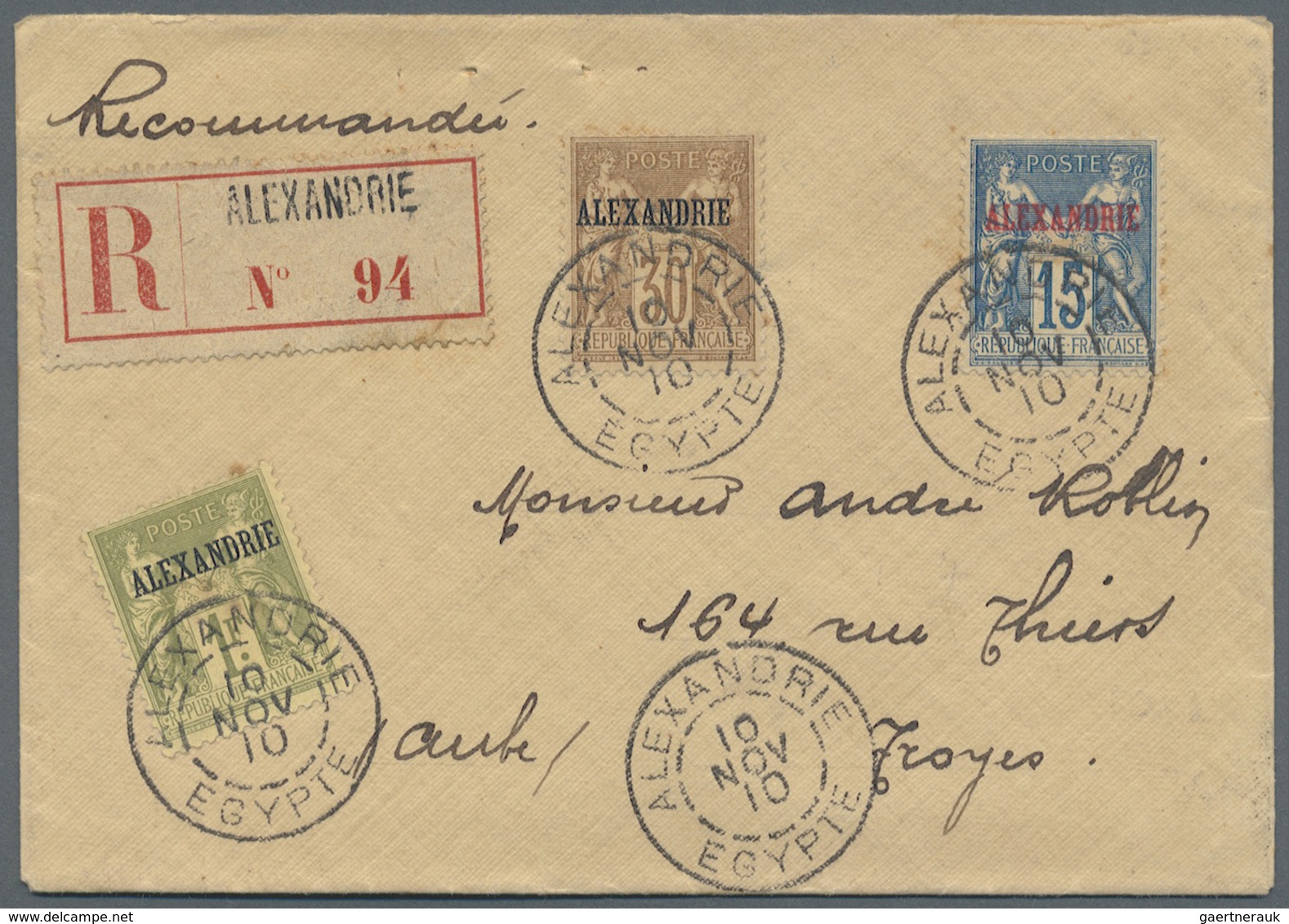 Br Französische Post In Ägypten - Alexandria: 1910. Registered Envelope Addressed To France Bearing Ale - Andere & Zonder Classificatie