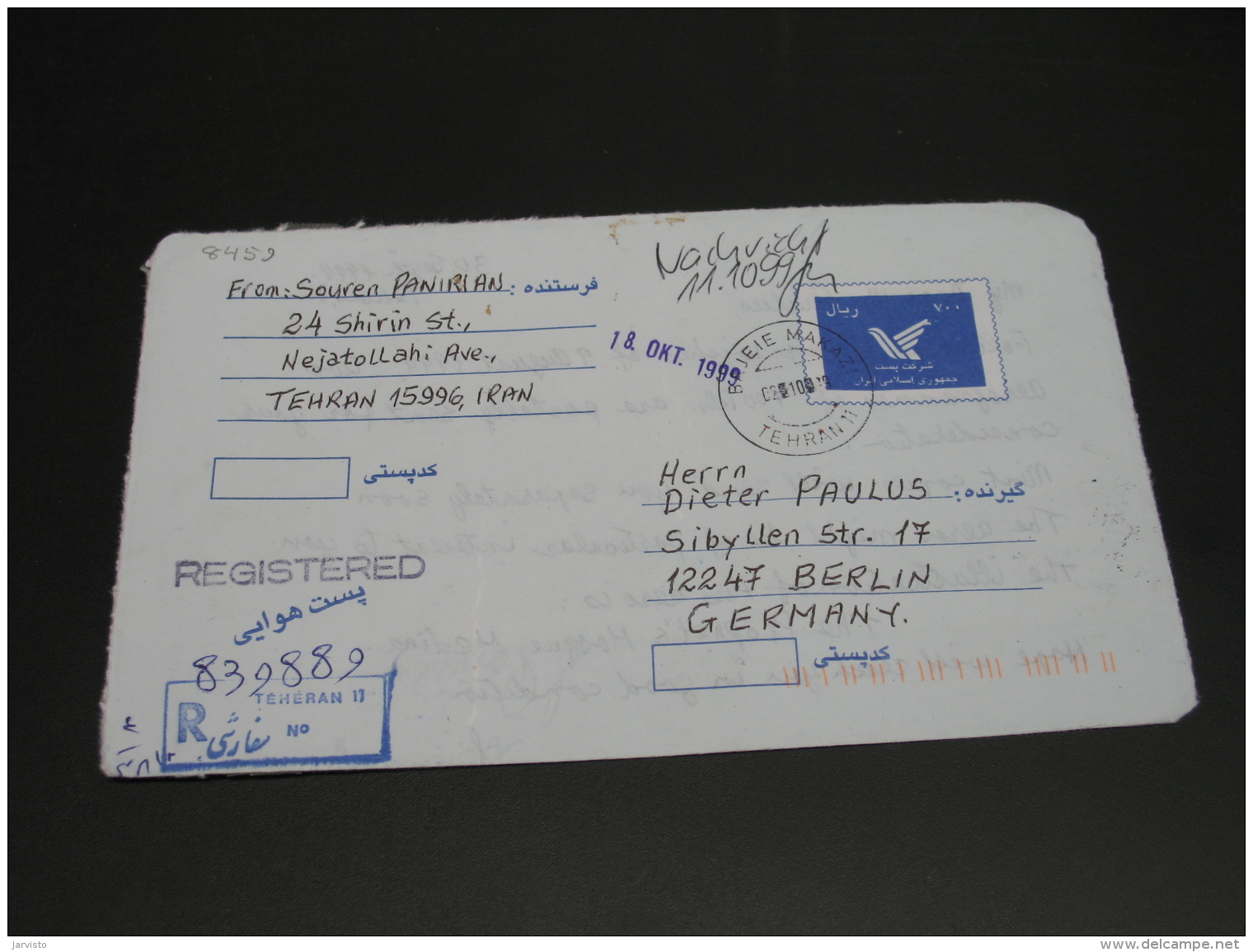 Iran 1999 Registered Aerogramme To Germany *8459 - Iran