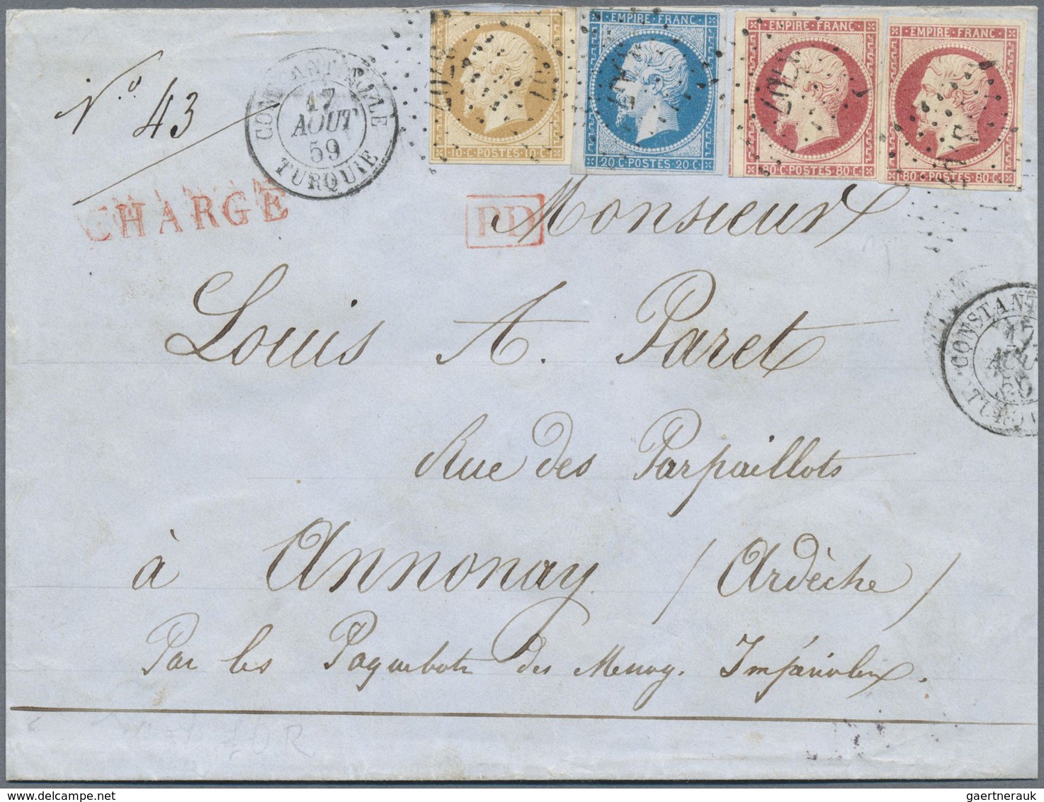 Br Französische Post In Der Levante: 1859. Registered Letter With Stated Three-color-franking (in All 1 - Autres & Non Classés