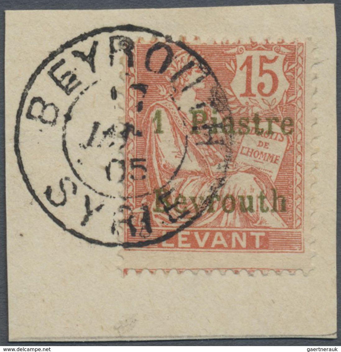 Brfst Französische Post In Der Levante: 1905, Beyrouth Provisional 15c. Stamp With Green Opt. '1 Piastre B - Autres & Non Classés