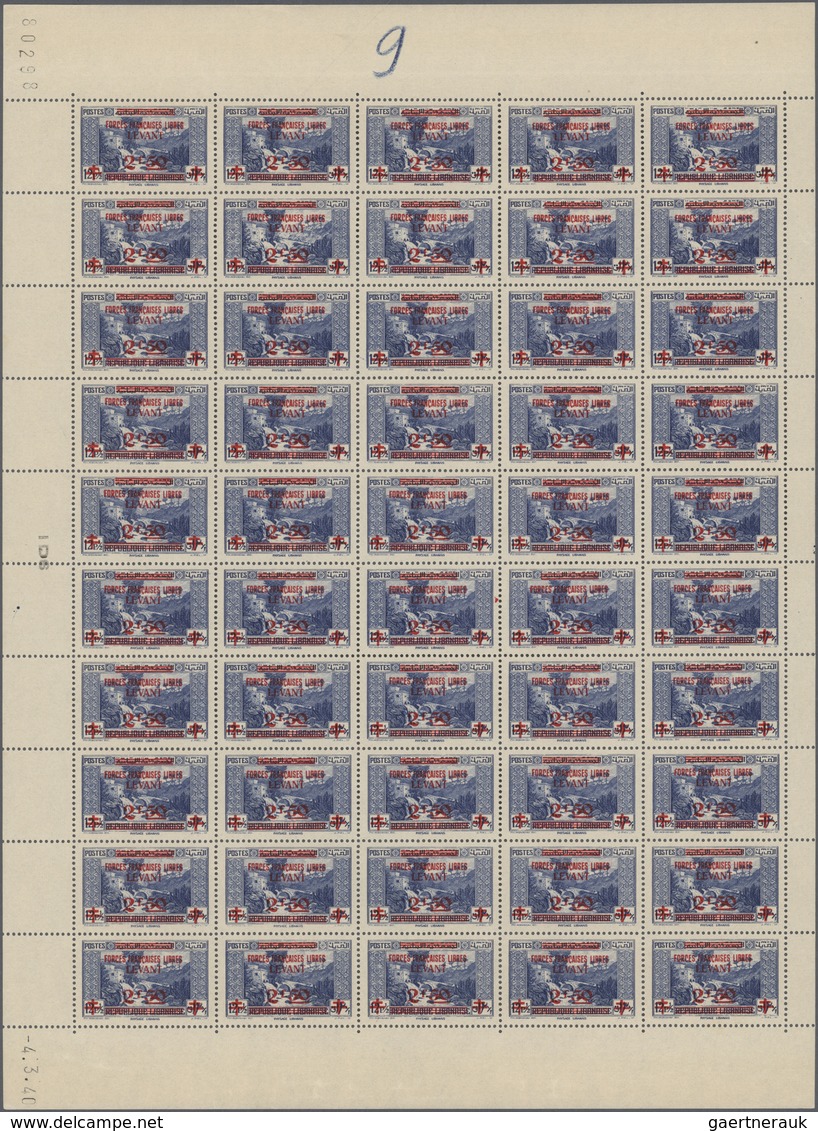 ** Französische Post In Der Levante: 1942, 2.50fr. On 12½pi. Ultramarine, Complete Sheet Of 50 Stamps, - Andere & Zonder Classificatie