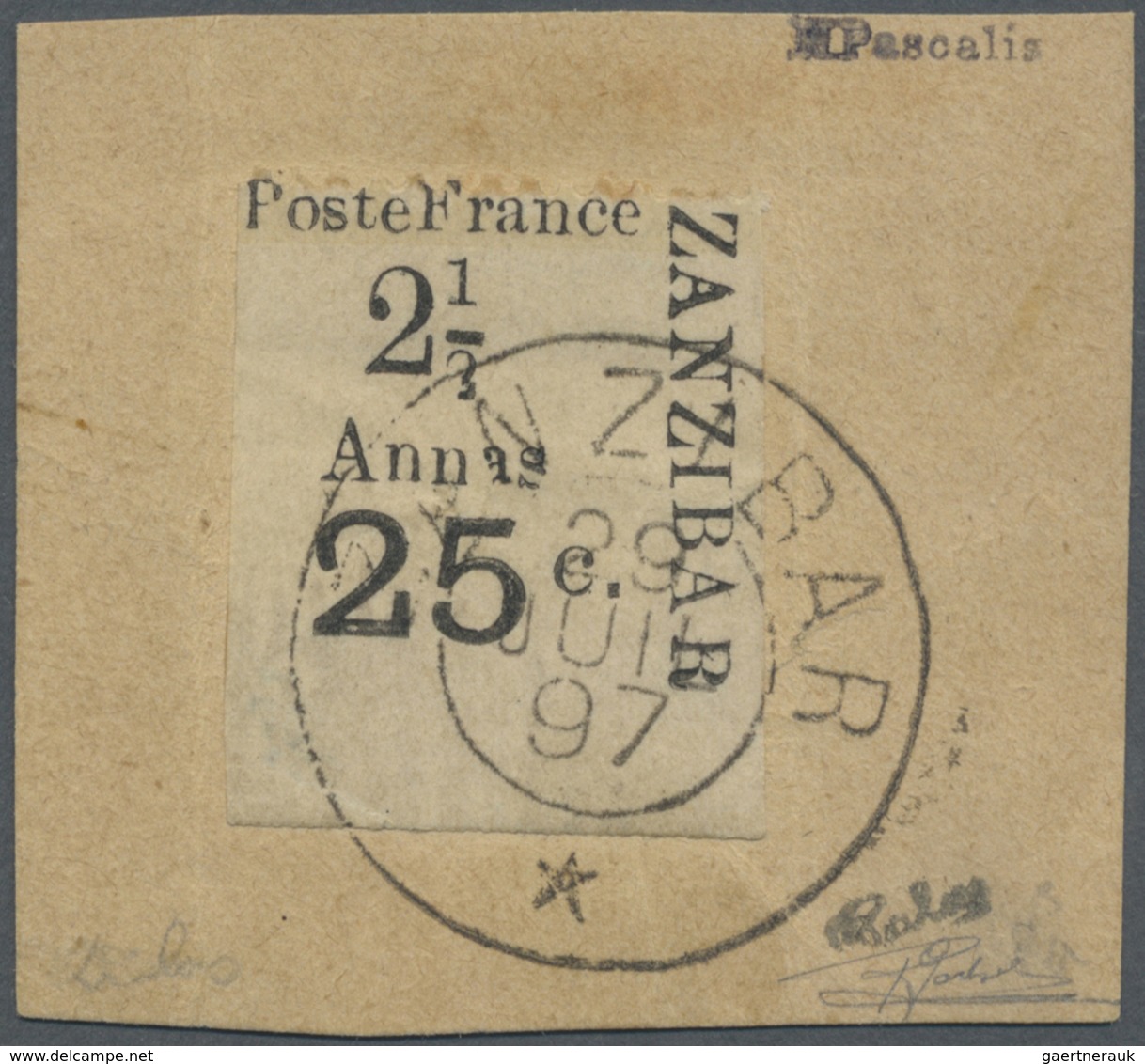 Brfst Französische Post In Zanzibar: 1897, Emergency Issue, 2½a. + 25c., Surcharged Lower Selvedge Of Shee - Autres & Non Classés