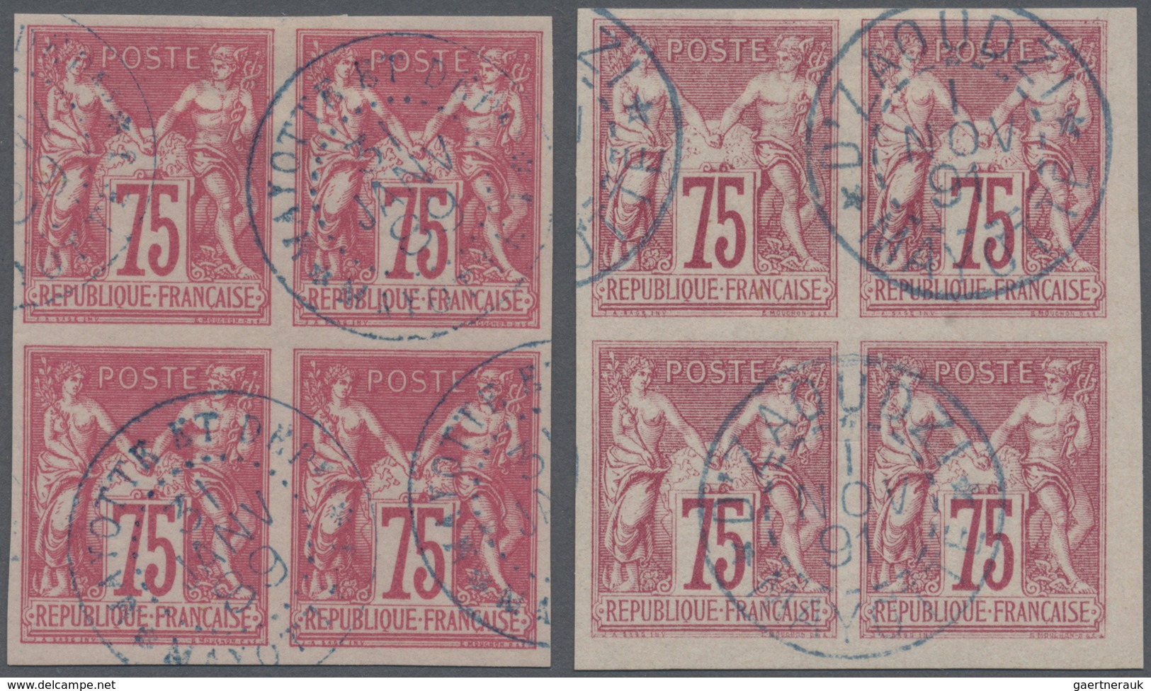 /O Französische Kolonien - Allgemeine Ausgabe: 1877-79: Zwei Gestempelte Viererblocks Der 75 C. Geschni - Autres & Non Classés