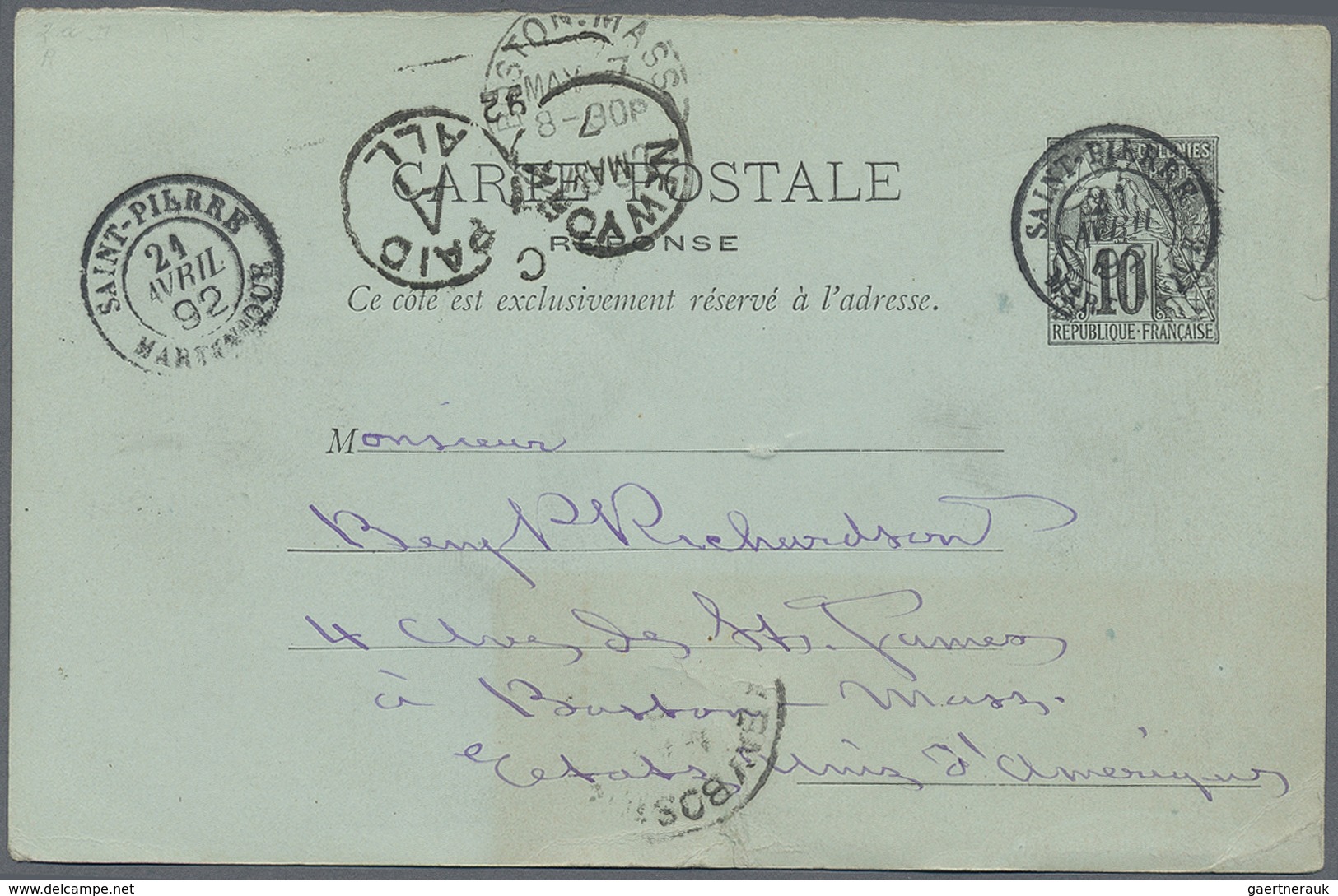 GA Französische Kolonien - Allgemeine Ausgabe: 1892, 10 C Black On Blue-green Postal Stationery Reply C - Andere & Zonder Classificatie