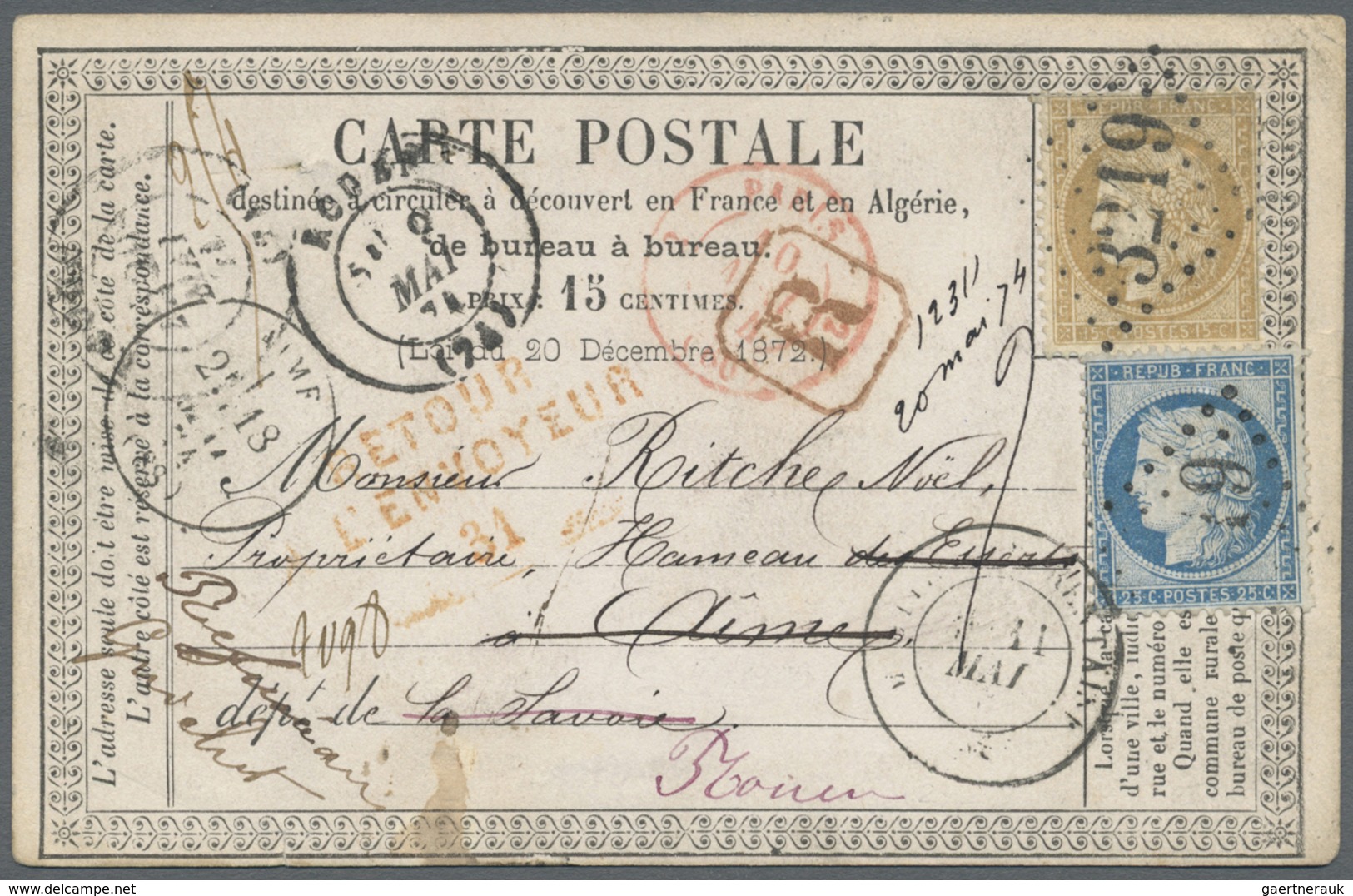 GA Frankreich - Ganzsachen: 1874, 15c. Stationery Form "cliché 10", Uprated By 25c. Blue "Ceres", Regis - Autres & Non Classés