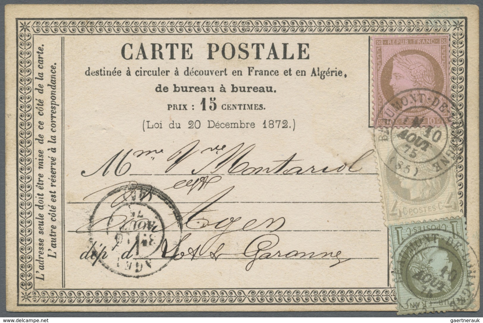 GA Frankreich - Ganzsachen: 1875, 15c. Stationery Form "cliché 10" Franked With Ceres 1c. Green On Blui - Autres & Non Classés