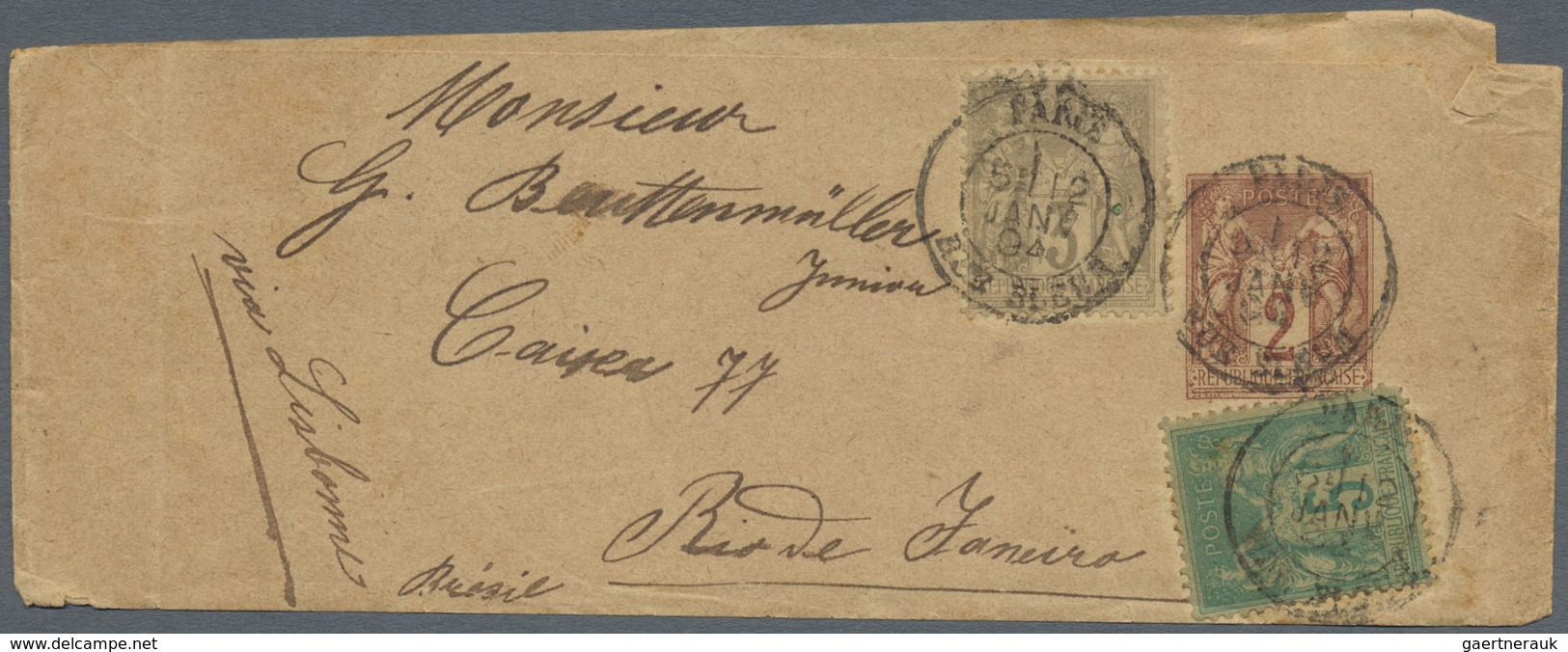 GA Frankreich - Ganzsachen: 1888/1894, Group Of Four Uprated Wrappers To The Same Address In Rio De Jan - Autres & Non Classés