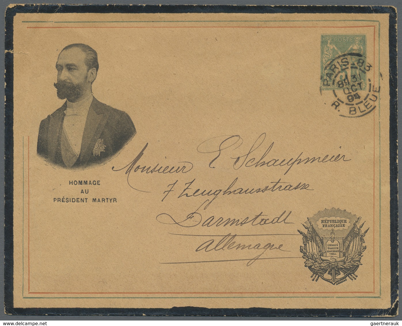 GA Frankreich - Ganzsachen: 1894, 5c. Green "Sage", Stamped To Order Envelope "HOMMAGE AU PRESIDENT MAR - Other & Unclassified