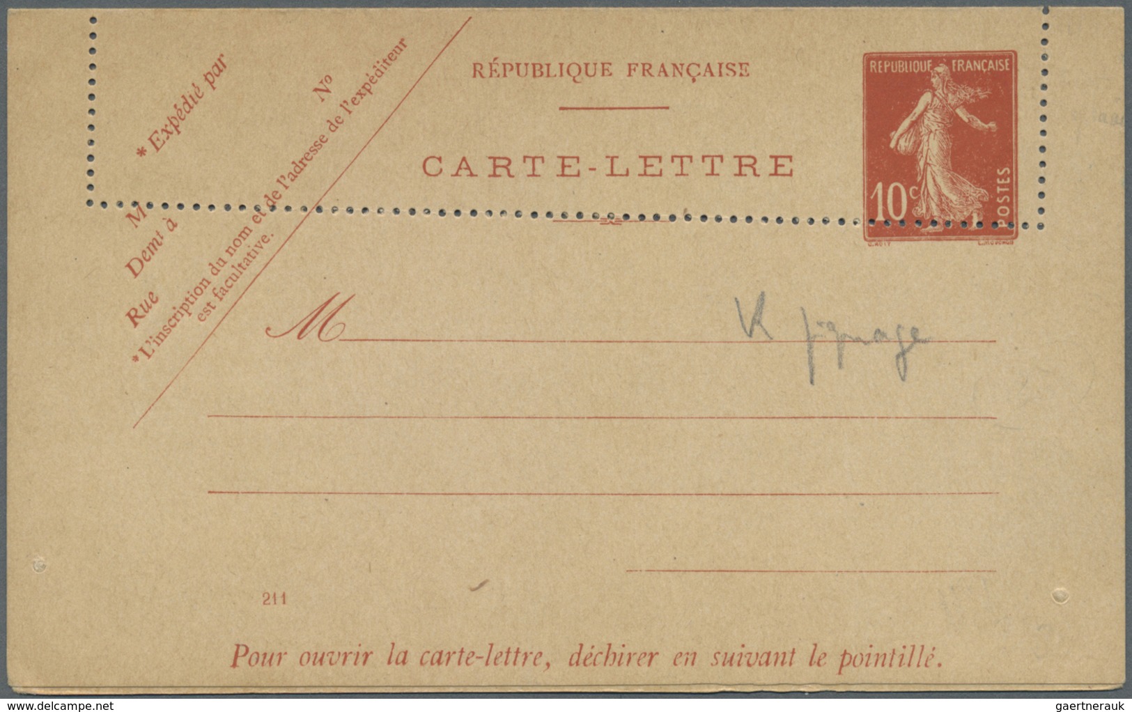 GA Frankreich - Ganzsachen: 1906, Kartenbrief 10 C Rot (mit No. 211) Mit Totaler Verzähnung Ins Obere D - Andere & Zonder Classificatie