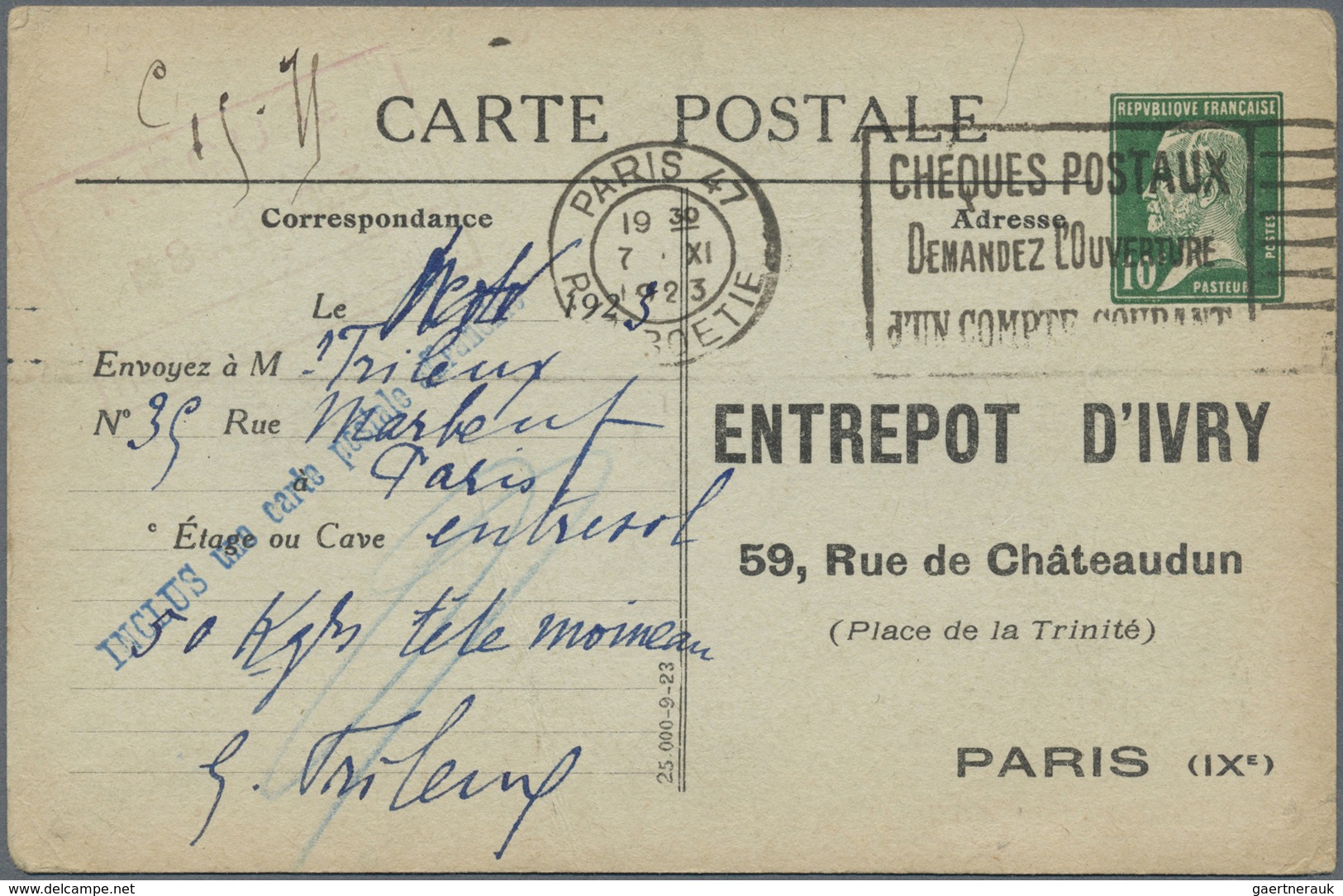 GA Frankreich - Ganzsachen: 1923, 10 C Green Pasteur, Private Picture Psc With Preprinted Address "Entr - Andere & Zonder Classificatie