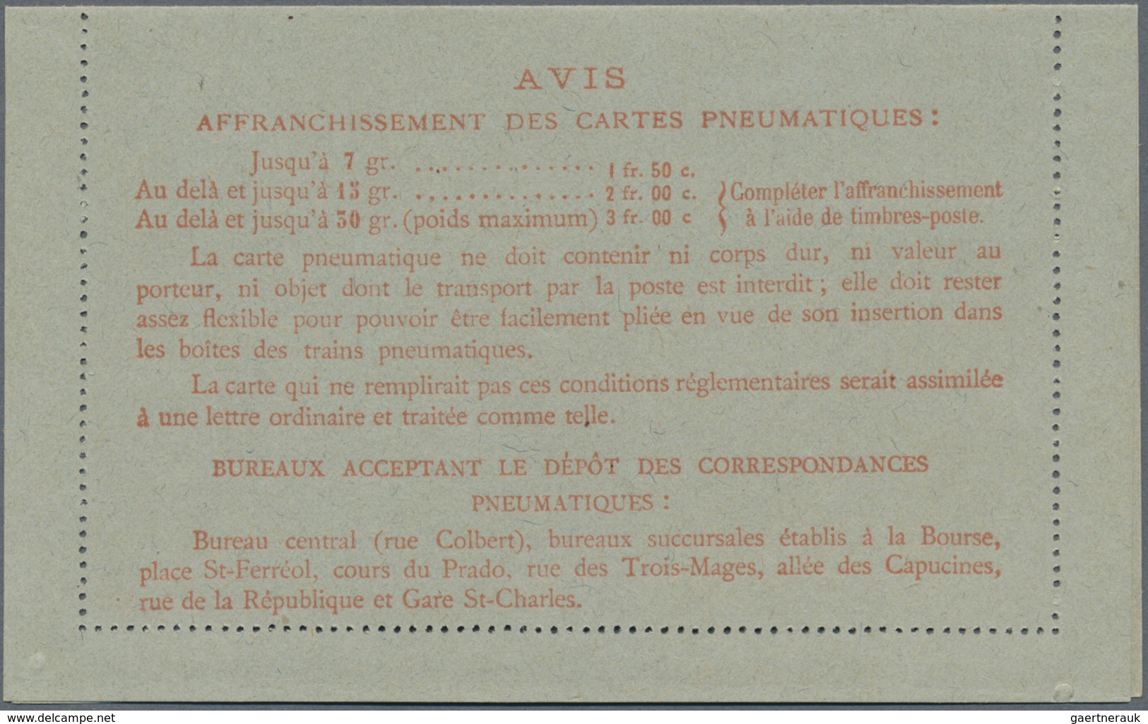 GA Frankreich - Ganzsachen: 1929, 1,50 Fr Red On Blue-green Chaplain, Pneumatic Stationery Letter Card - Sonstige & Ohne Zuordnung
