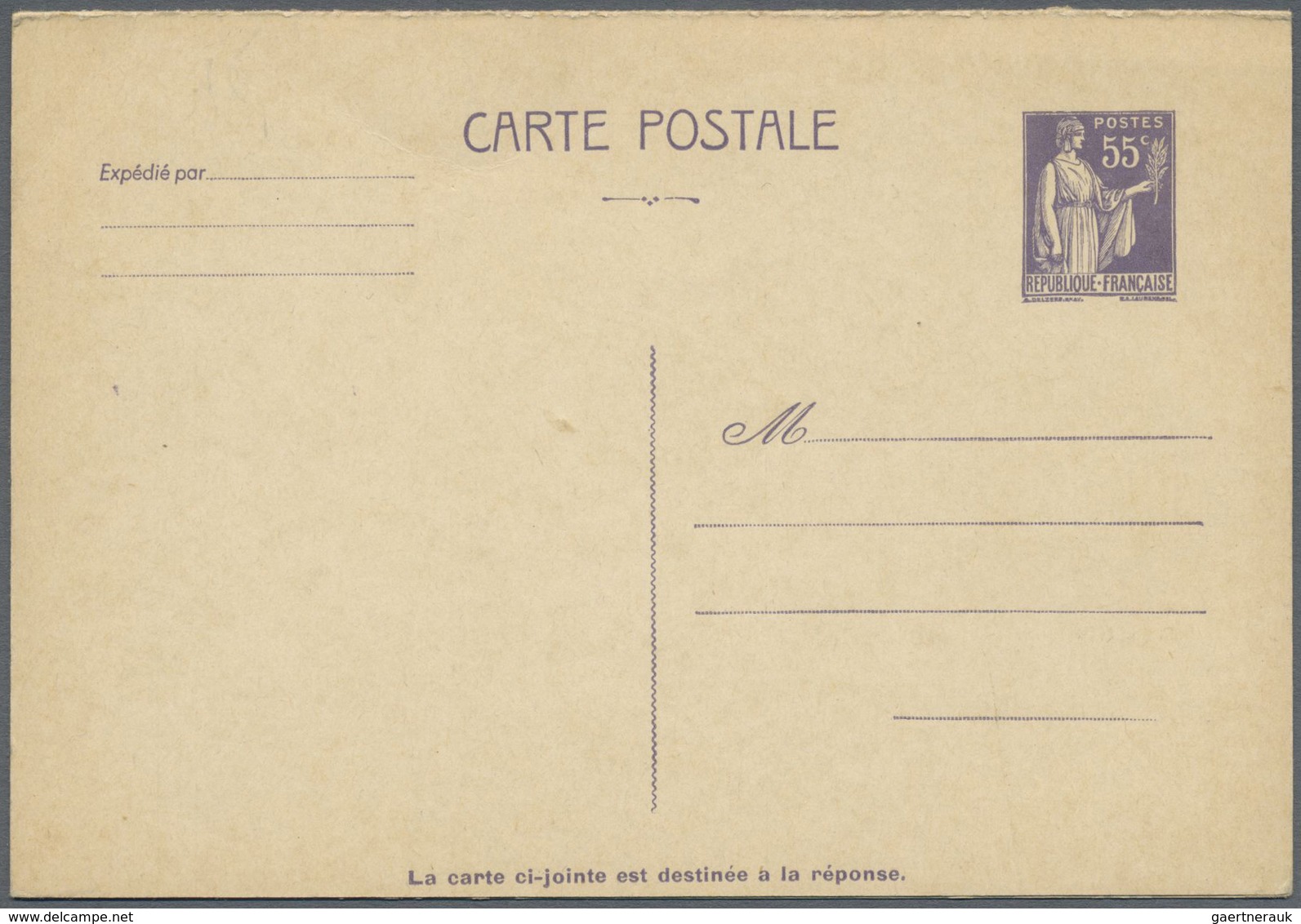 GA Frankreich - Ganzsachen: 1938/1941, Type "Paix", 55c. Lilac, Reply Card, Unused. One Of The Rarest S - Andere & Zonder Classificatie