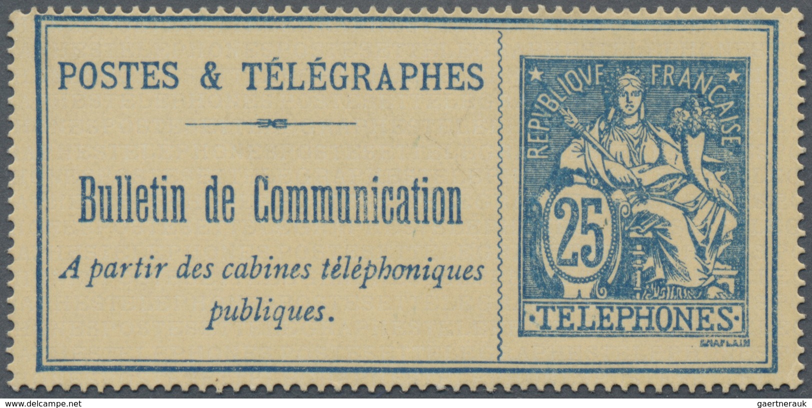 GA Frankreich - Ganzsachen: 1888, Telefonkarte 25 C. 'Postes & Telegraphes' Blau Auf Hellsämisch, Ungeb - Telegraaf-en Telefoonzegels