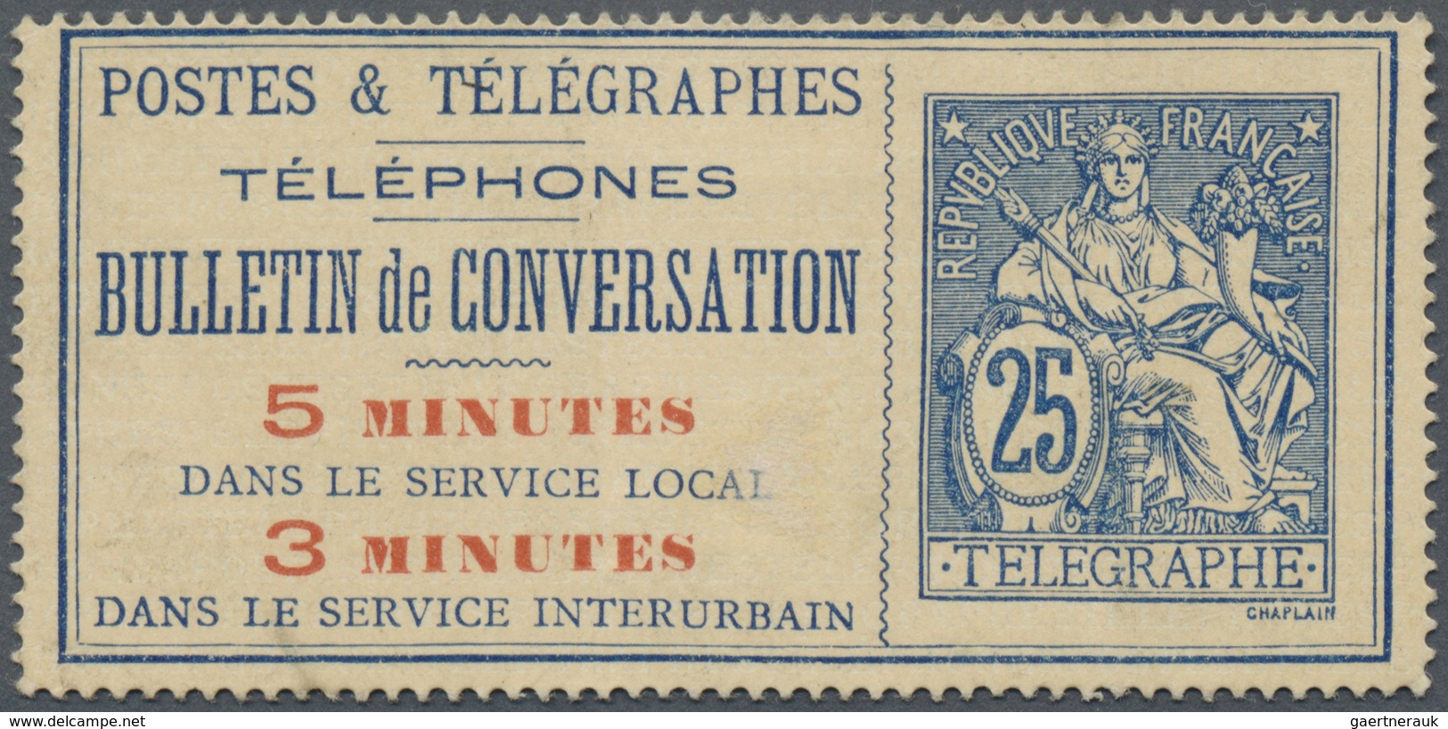 GA Frankreich - Ganzsachen: 1896, Telefonkarte 25 C. 'Postes & Telegraphes' Blau Mit Rotem Aufdruck '5 - Télégraphes Et Téléphones