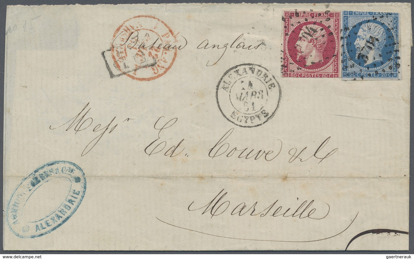 Br Frankreich - Stempel: "ALEXANDRIE", 20 C. Blue And 80 C. Rose Napoléon On Cover Tied GC "3704" And " - 1877-1920: Semi Modern Period