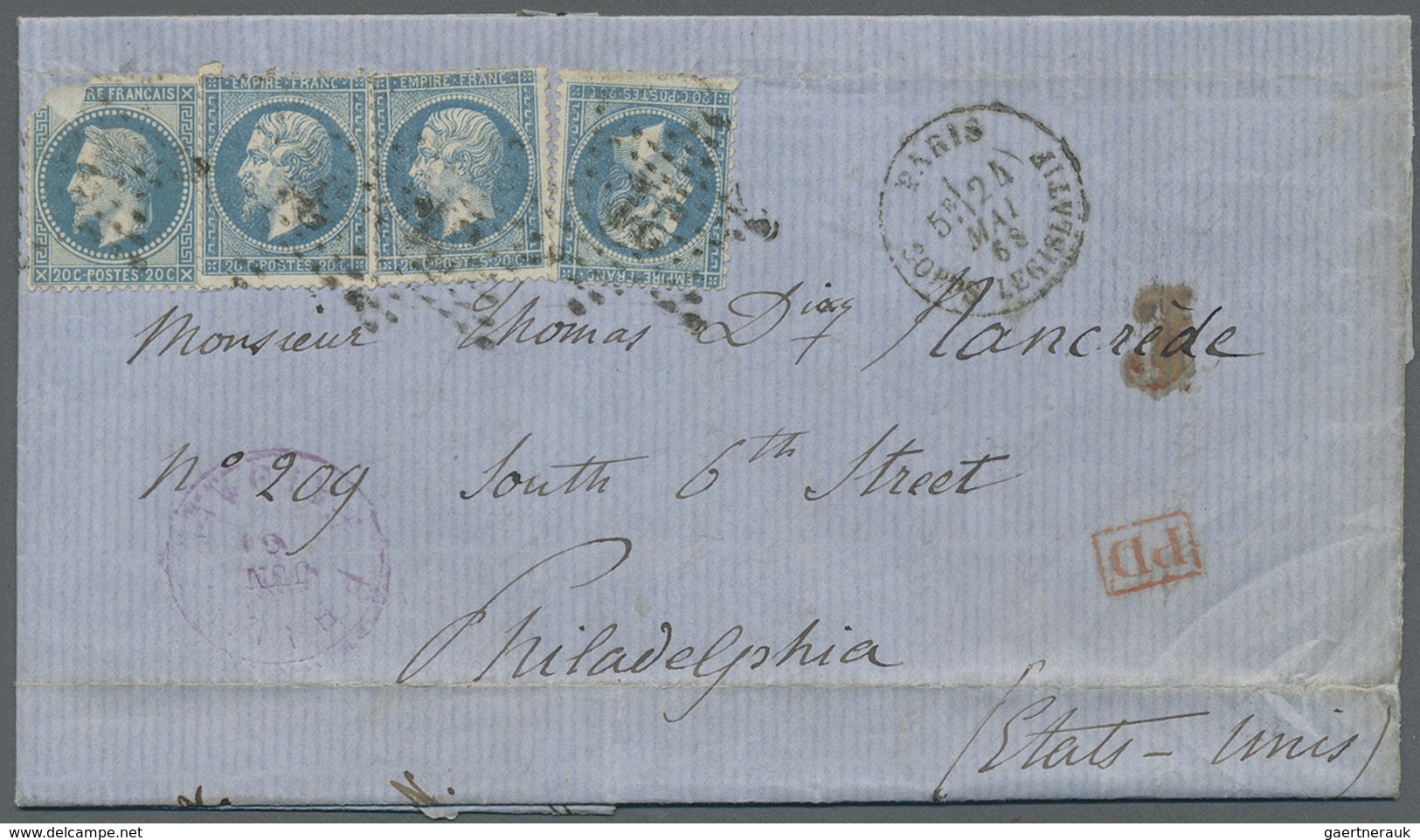 Br Frankreich - Stempel: 1868, Multiple Franking 4 X 20 C Blue Napoleon, Tied By Etoile "31" (Paris Pal - 1877-1920: Période Semi Moderne