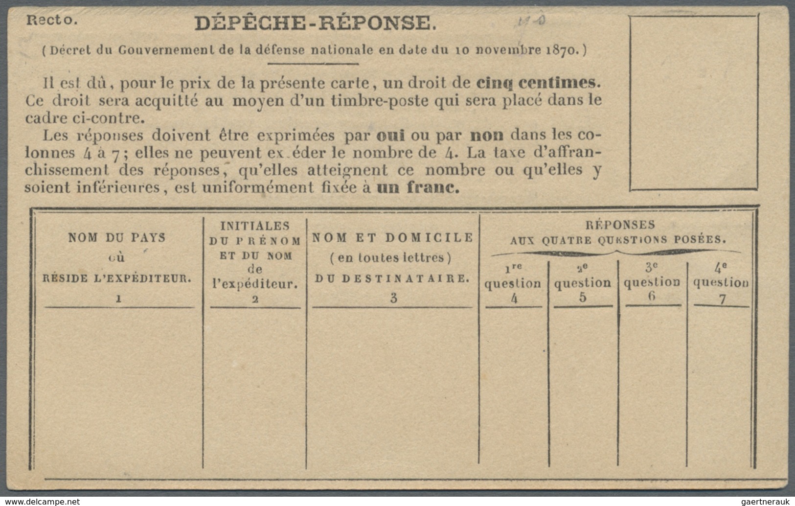 Br Frankreich - Ballonpost: 1870/1871: Ballon Monte Reply Coupon For Pigeon Carried Mail For Paris Unde - 1960-.... Lettres & Documents