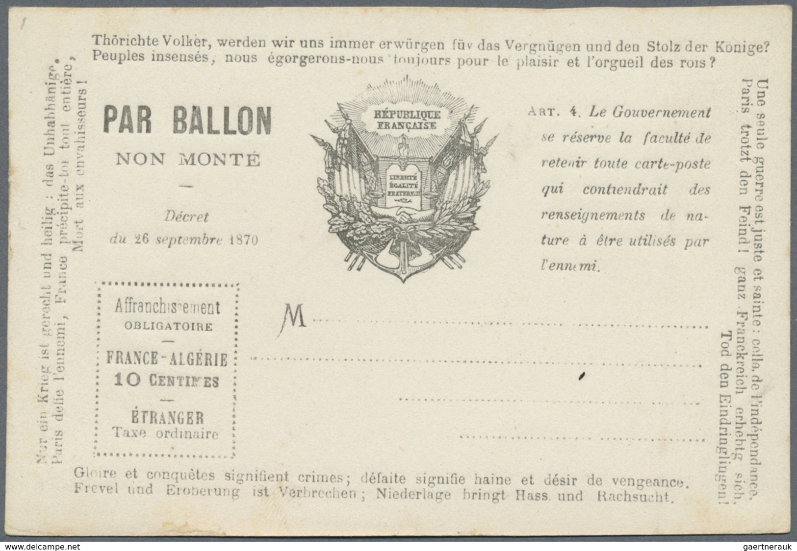 Br/GA Frankreich - Ballonpost: 1870, Postcard Form Black On White "PAR BALLON NON MONTE" With Framed Place - 1960-.... Brieven & Documenten