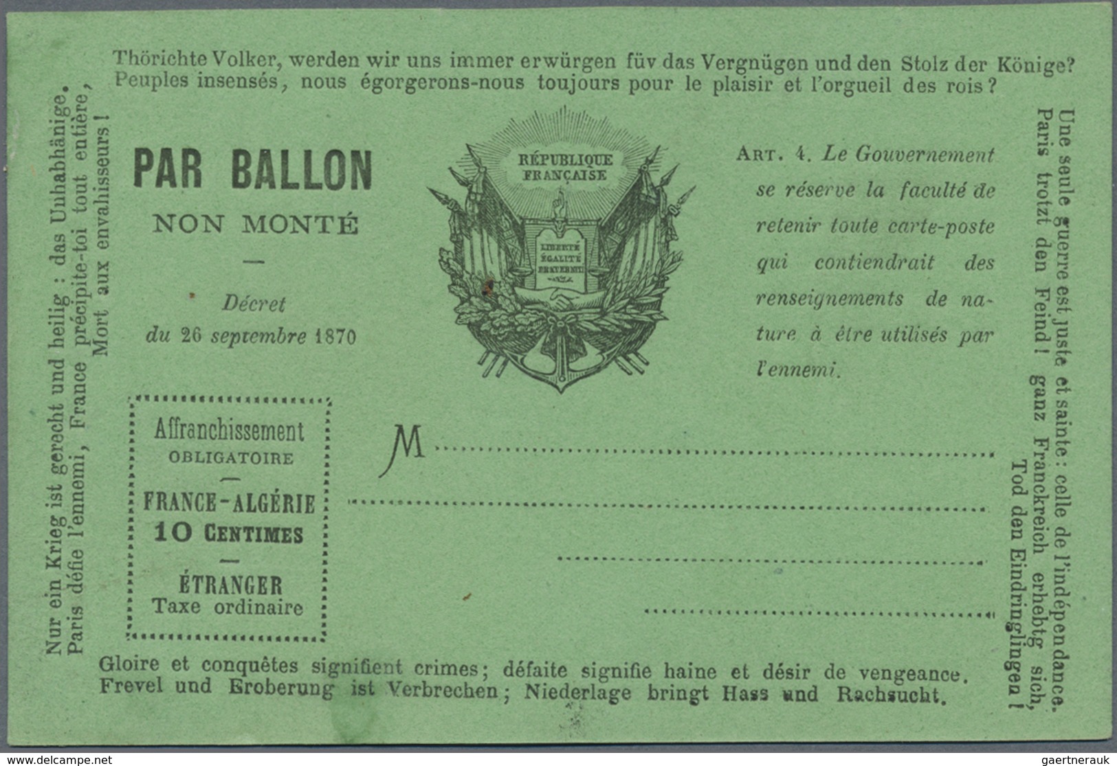 Br/GA Frankreich - Ballonpost: 1870, Postcard Form Black On Green "PAR BALLON NON MONTE" With Framed Place - 1960-.... Covers & Documents