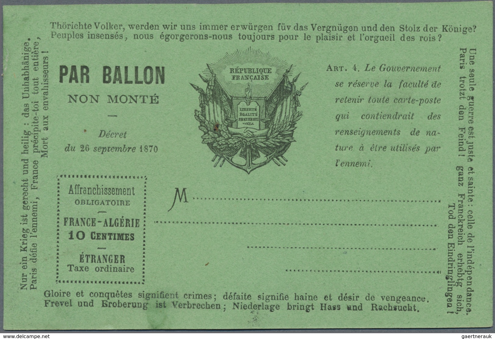 Br/GA Frankreich - Ballonpost: 1870, Postcard Form Black On Green "PAR BALLON NON MONTE" With Framed Place - 1960-.... Lettres & Documents