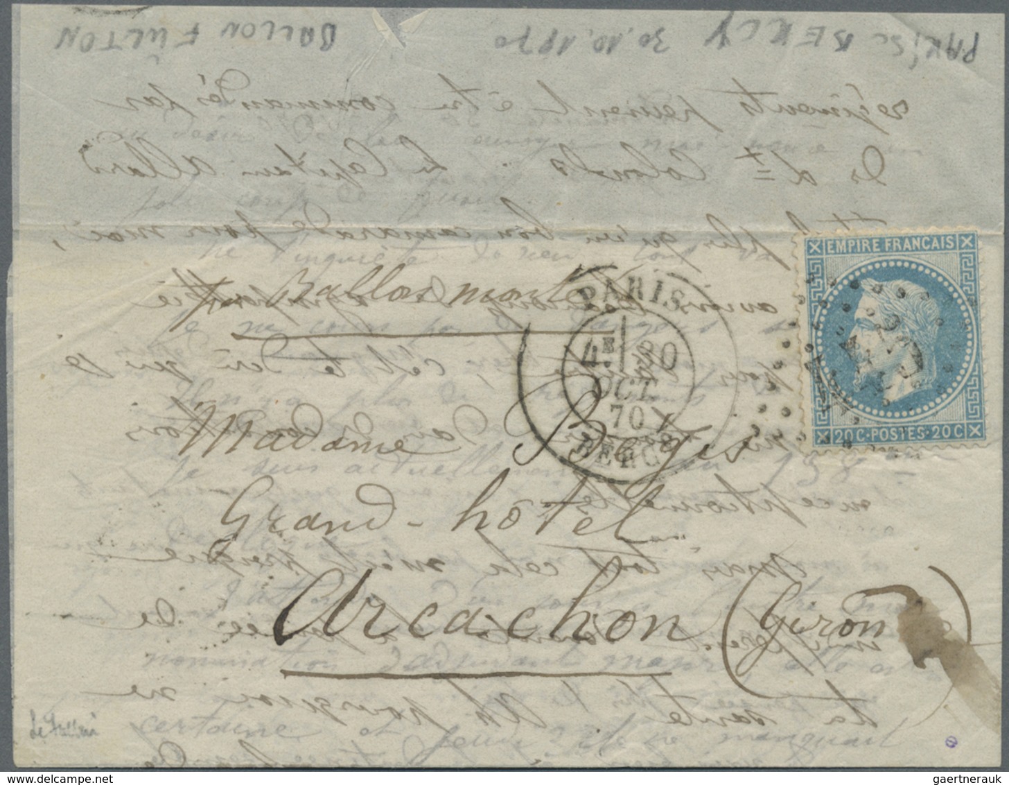 Br Frankreich - Ballonpost: 1870, 30.10., "LE FULTON", Lettersheet Franked With 20c. Laure, Oblit. GC " - 1960-.... Lettres & Documents