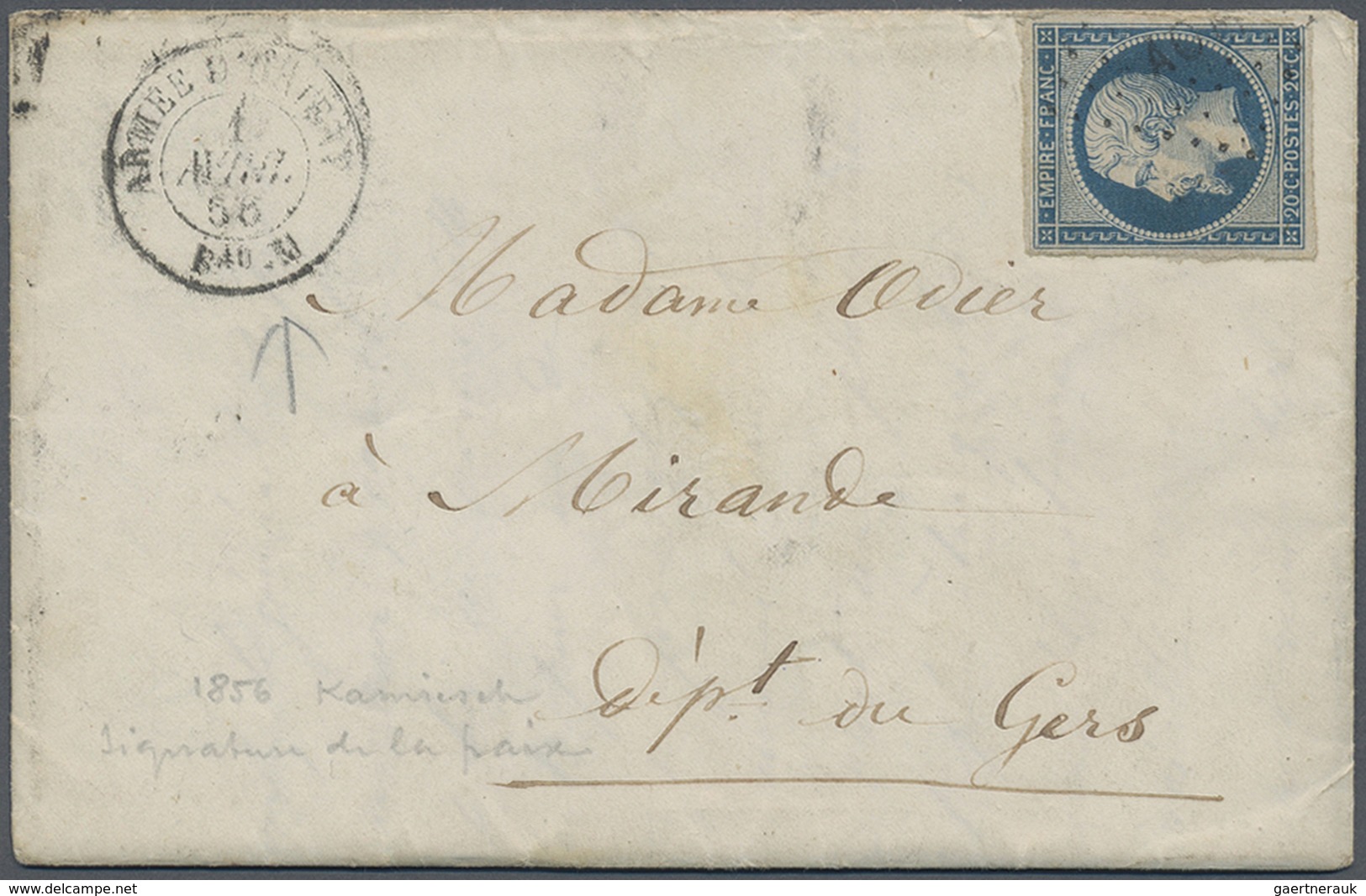 Br Frankreich - Militärpost / Feldpost: 1855, Napoléon 20 C. Blue, Single Franking On Complet Letter, W - Legerstempels (voor 1900)