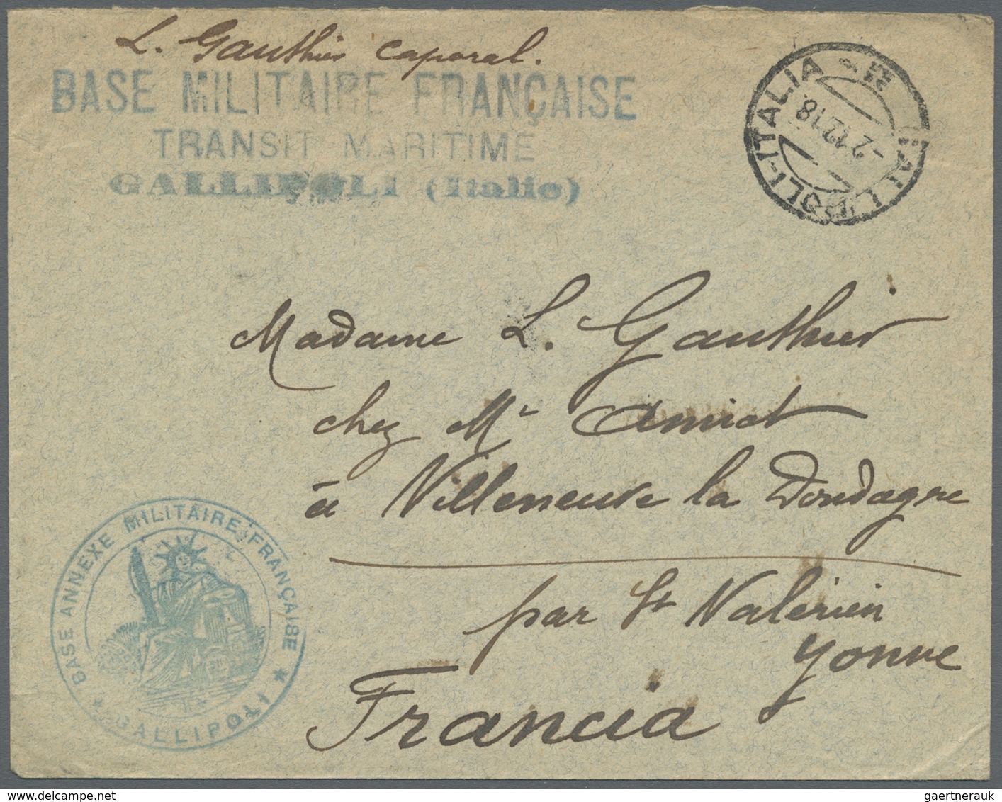 Br Frankreich - Militärpost / Feldpost: 1918. Envelope Addressed To France Cancelled 'Gallipoli-Italia' - Oorlog 1914-18