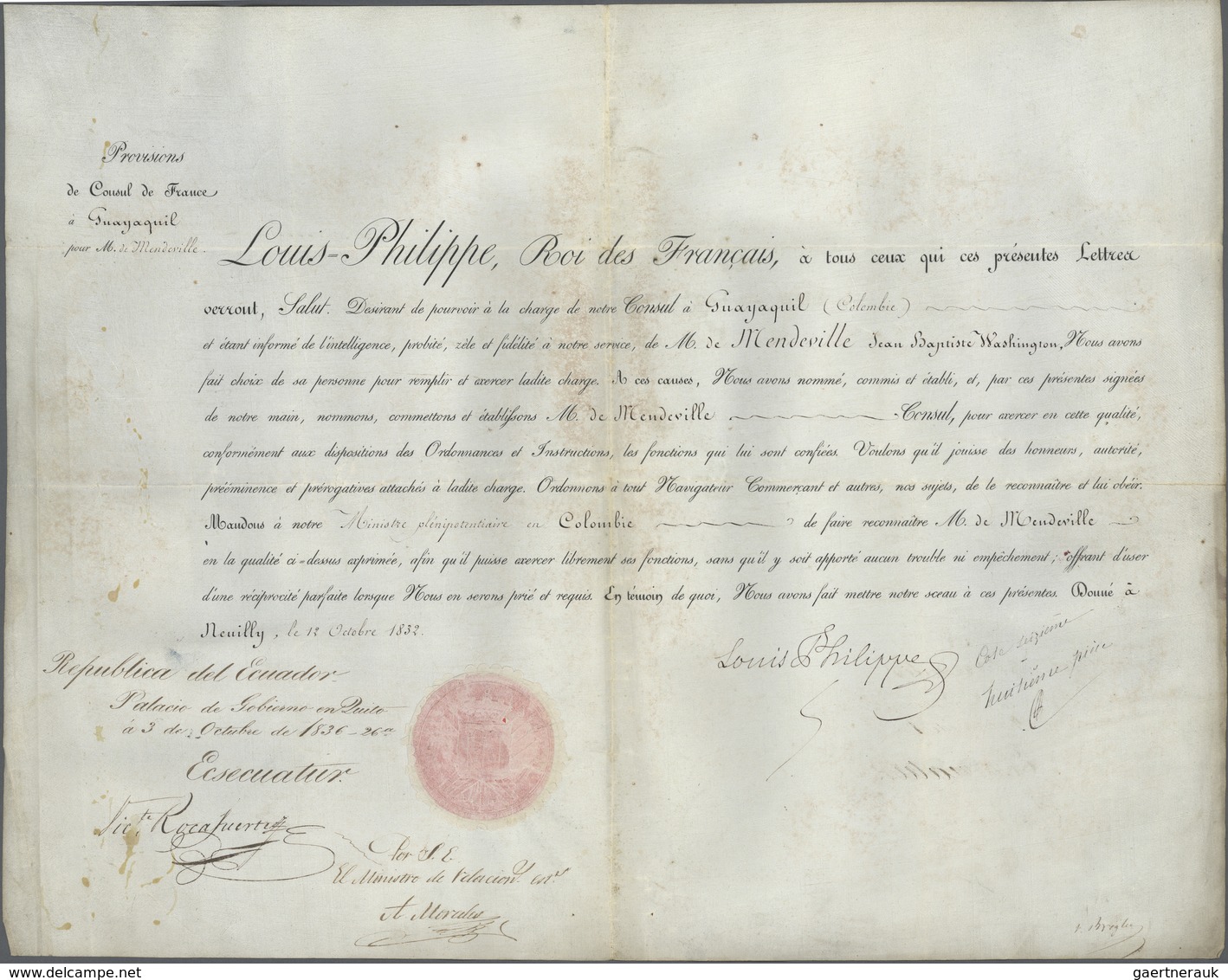 Frankreich - Besonderheiten: 1832, Document Concerning The French Consul In Ecuador, Signed By Lois - Autres & Non Classés