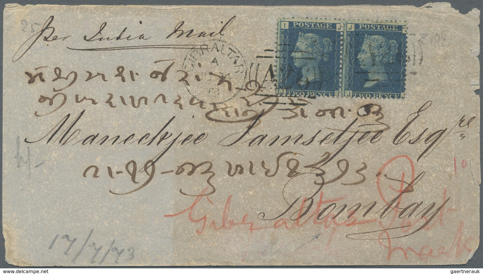 Br Gibraltar: 1858, A Pair Of QV 2 D Blue, Plate 14 On Envelope (cover Some Faults) Tied By Duplex "GIB - Gibraltar