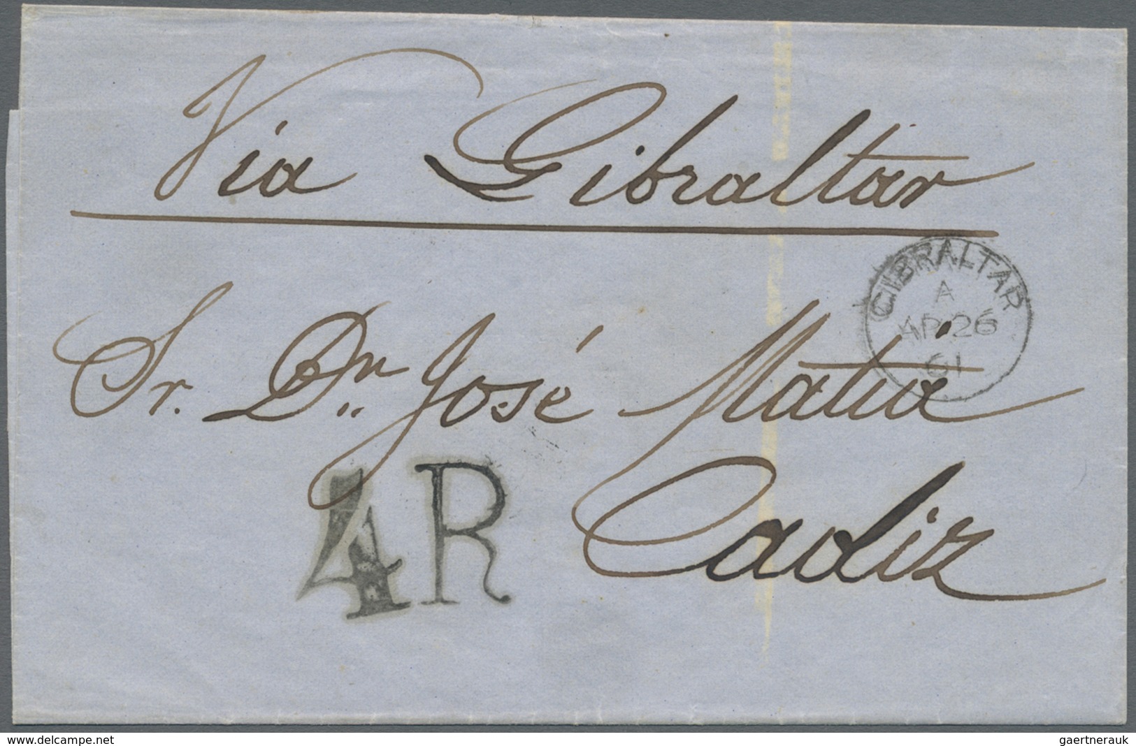 Br Gibraltar: 1862. Stampless Envelope From Well Known Macau Correspondence Addressed 'Jose Matia, Cadi - Gibraltar