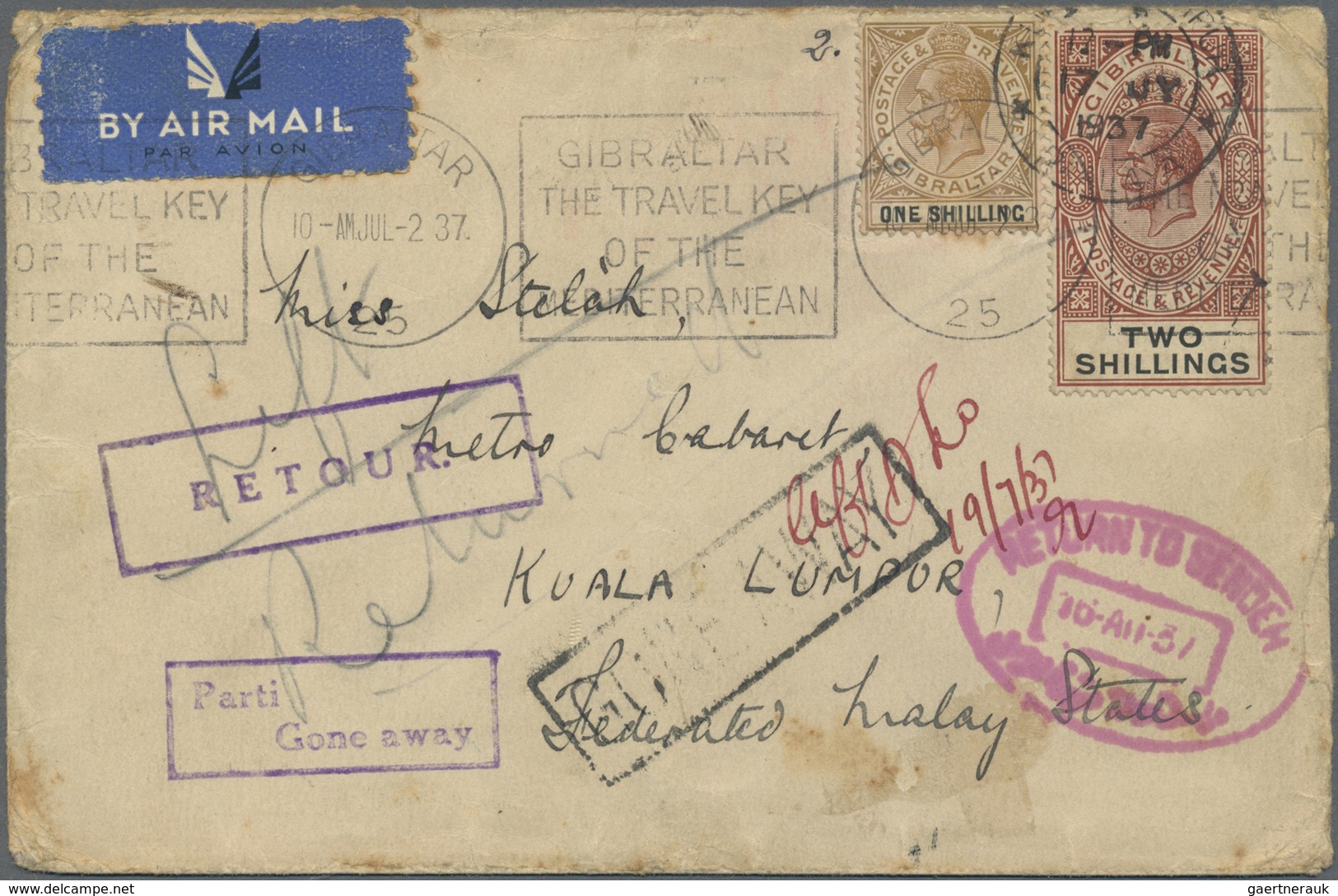 Br Gibraltar: 1937, 1 S Olive/black And 2 S Red-brown/black Mixed Franking On Airmail Cover With Machin - Gibraltar