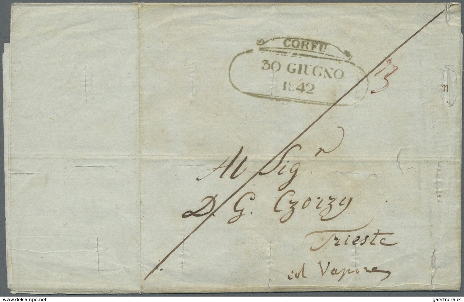 Br Griechenland - Vorphilatelie: 1842. Stampless Envelope From "CORFU 30/GUIGNO 1842" Addressed To Trie - ...-1861 Voorfilatelie