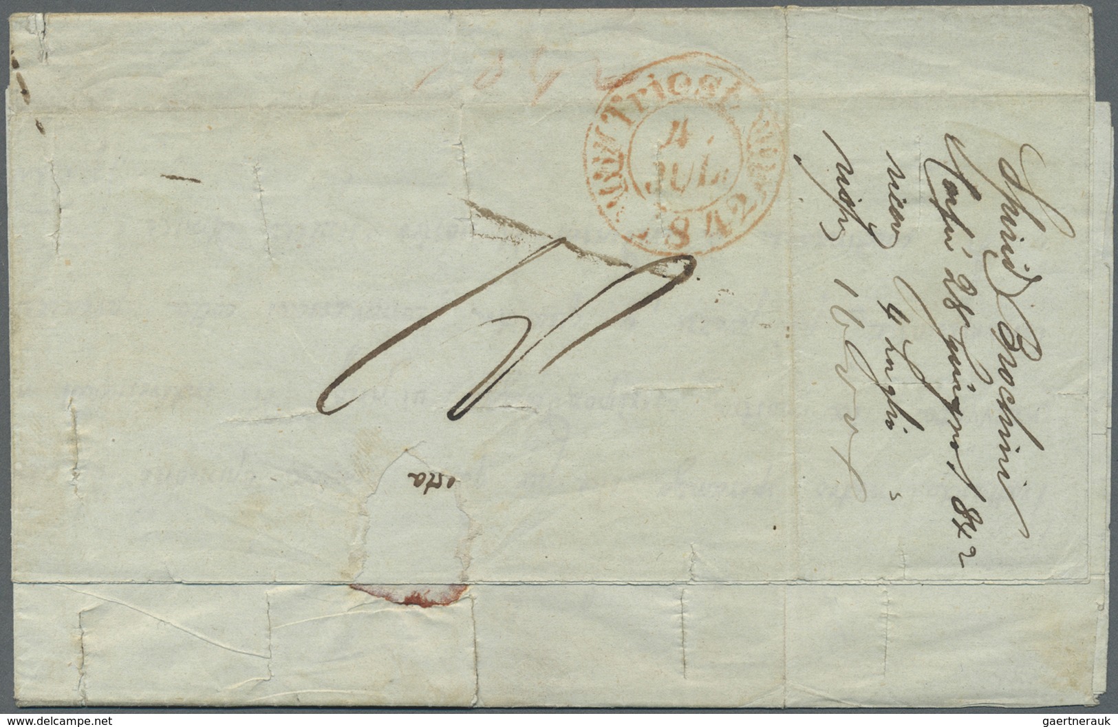 Br Griechenland - Vorphilatelie: 1842. Stampless Envelope From "CORFU 30/GUIGNO 1842" Addressed To Trie - ...-1861 Préphilatélie