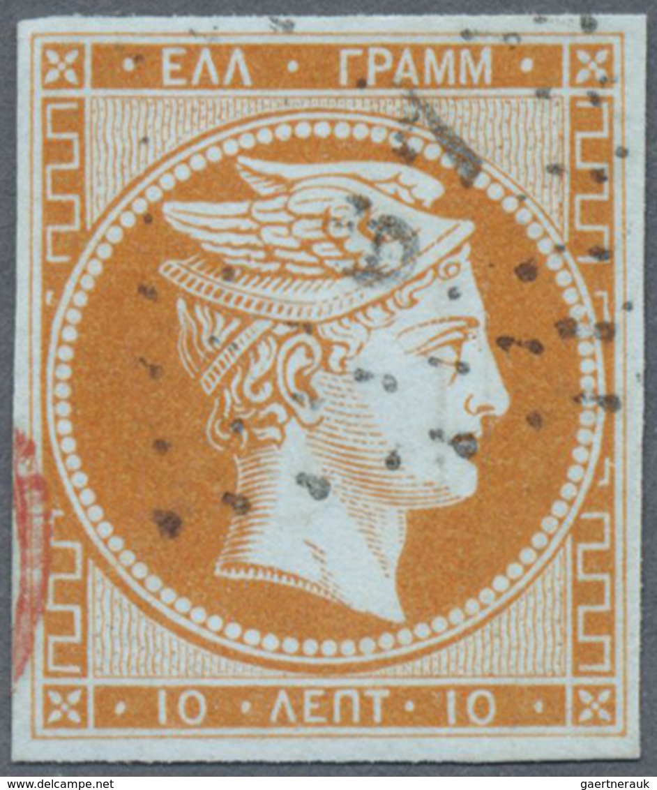 O Griechenland: 1861, Hermes Head 10 Lepta Orange On Bluish, Having Full Margins, With Number Cancella - Lettres & Documents