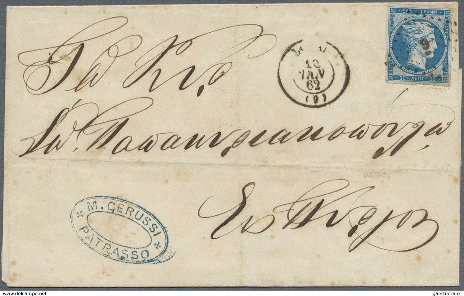 Br Griechenland: 1861, Paris Printing 20 L. Blue On Blueish On Folded Envelope Clear Tied By "9" In Dia - Brieven En Documenten