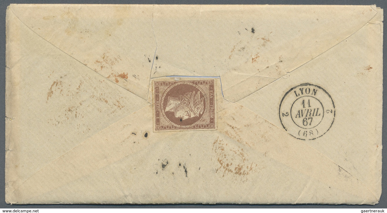 Br Griechenland: 1867. Envelope Addressed To France Bearing 'Large Hermes' Yvert 17, 1L Brown, Yvert 47 - Covers & Documents