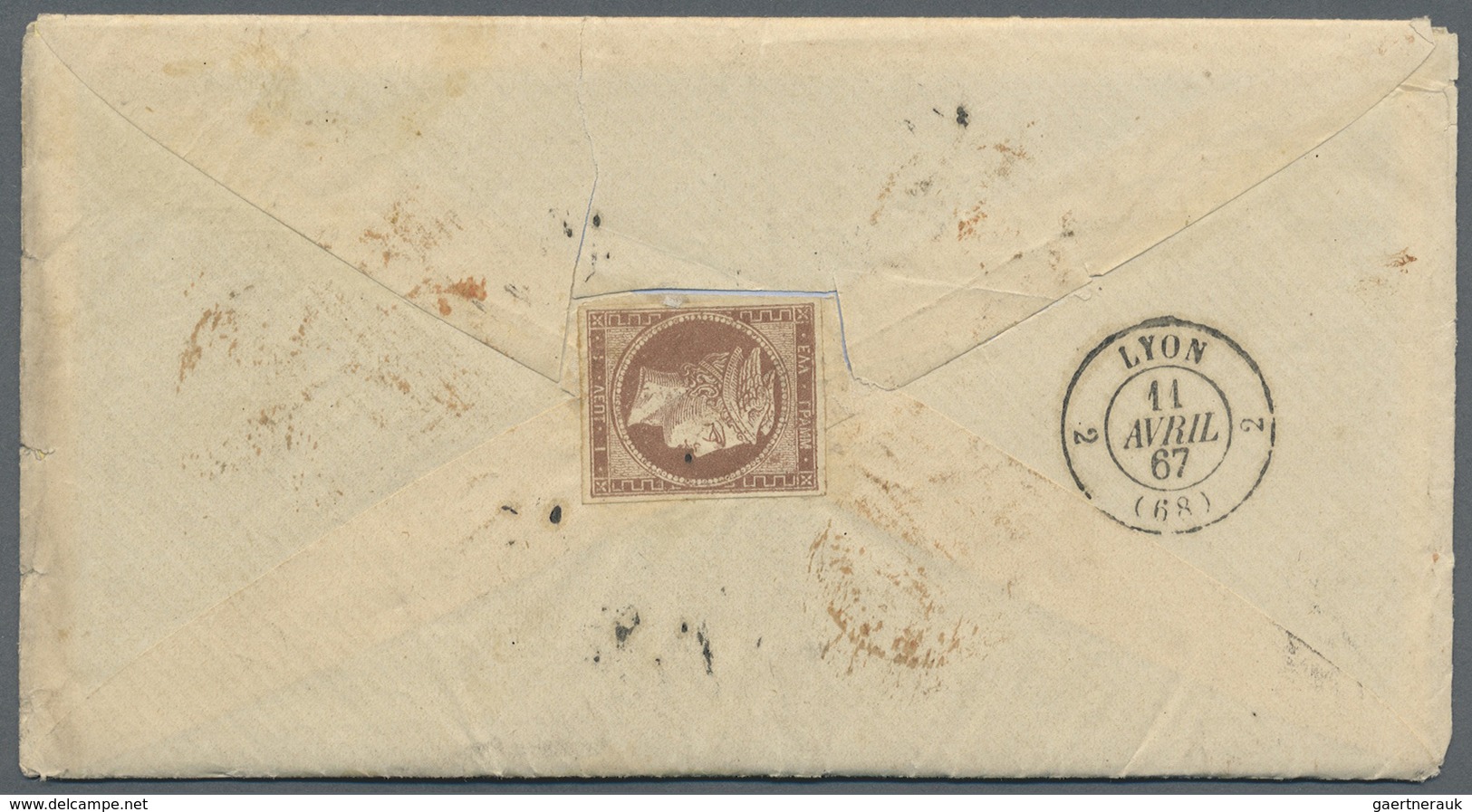 Br Griechenland: 1867. Envelope Addressed To France Bearing 'Large Hermes' Yvert 17, 1L Brown, Yvert 47 - Lettres & Documents