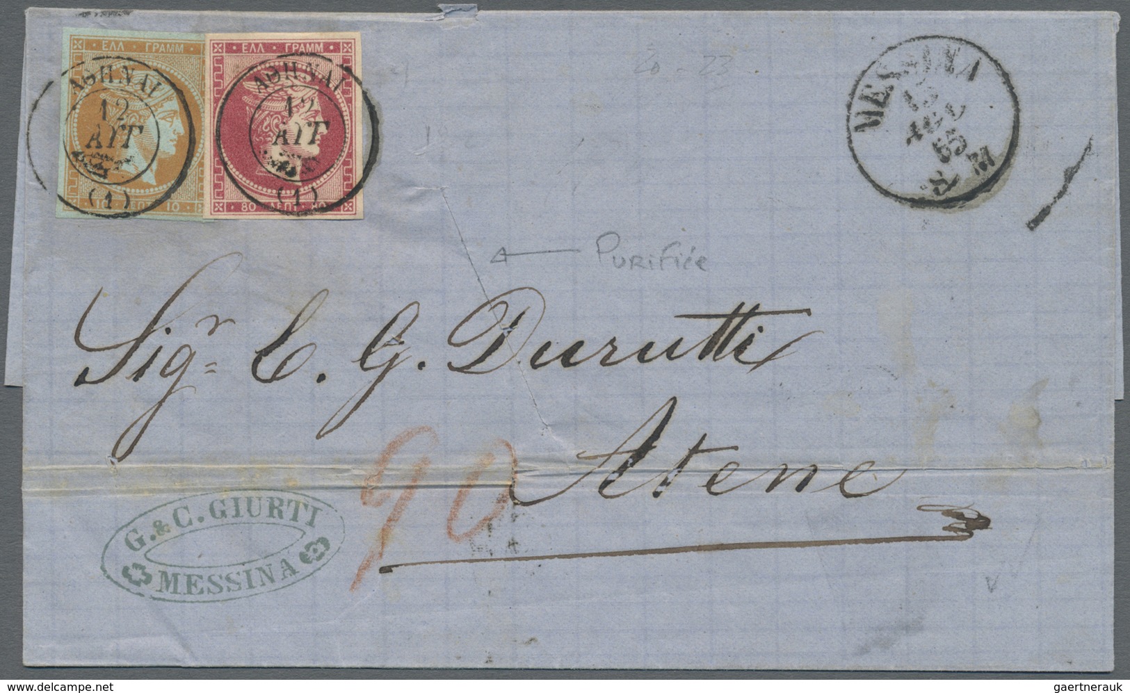 Br Griechenland: 1865. Stampless Envelope Addressed To Athens Sent From Messina Dated '15th Aug 1865' R - Lettres & Documents