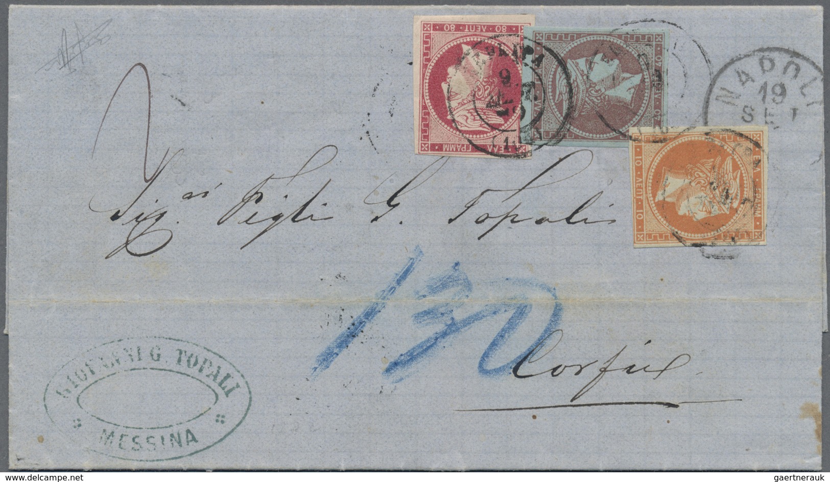 Br Griechenland: 1872, Folded Stamples Envelope From Messina With Blue Crayon "130" At Arrival 10 L. Or - Brieven En Documenten