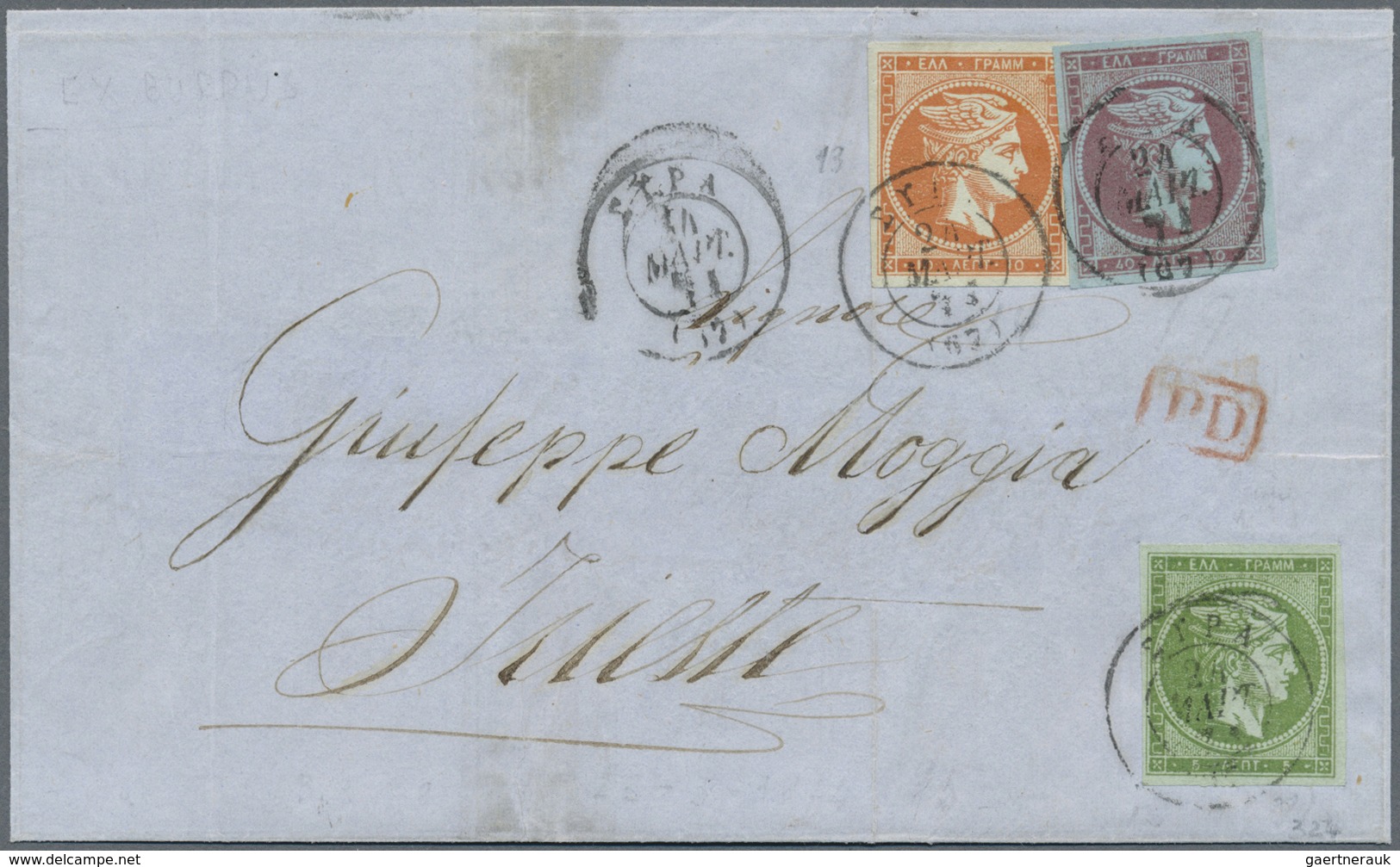 Br Griechenland: 1871: 5, 10 + 40 L, Tied By "SIRA 24 MART 71" To Letter To Trieste, Arrival On Reverse - Brieven En Documenten